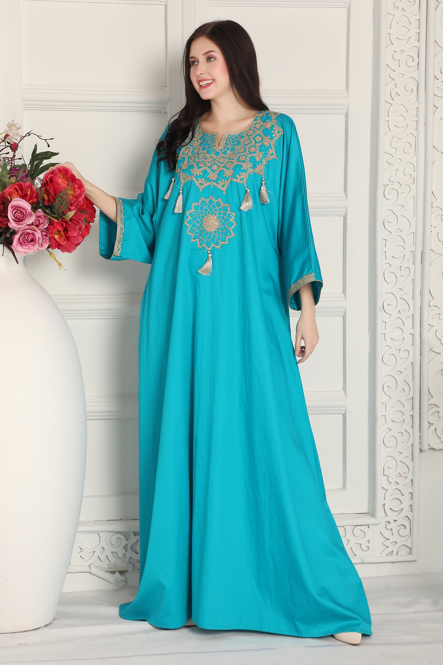 Turquoise Embroidered Kaftan Dress with Statement Front Motif
