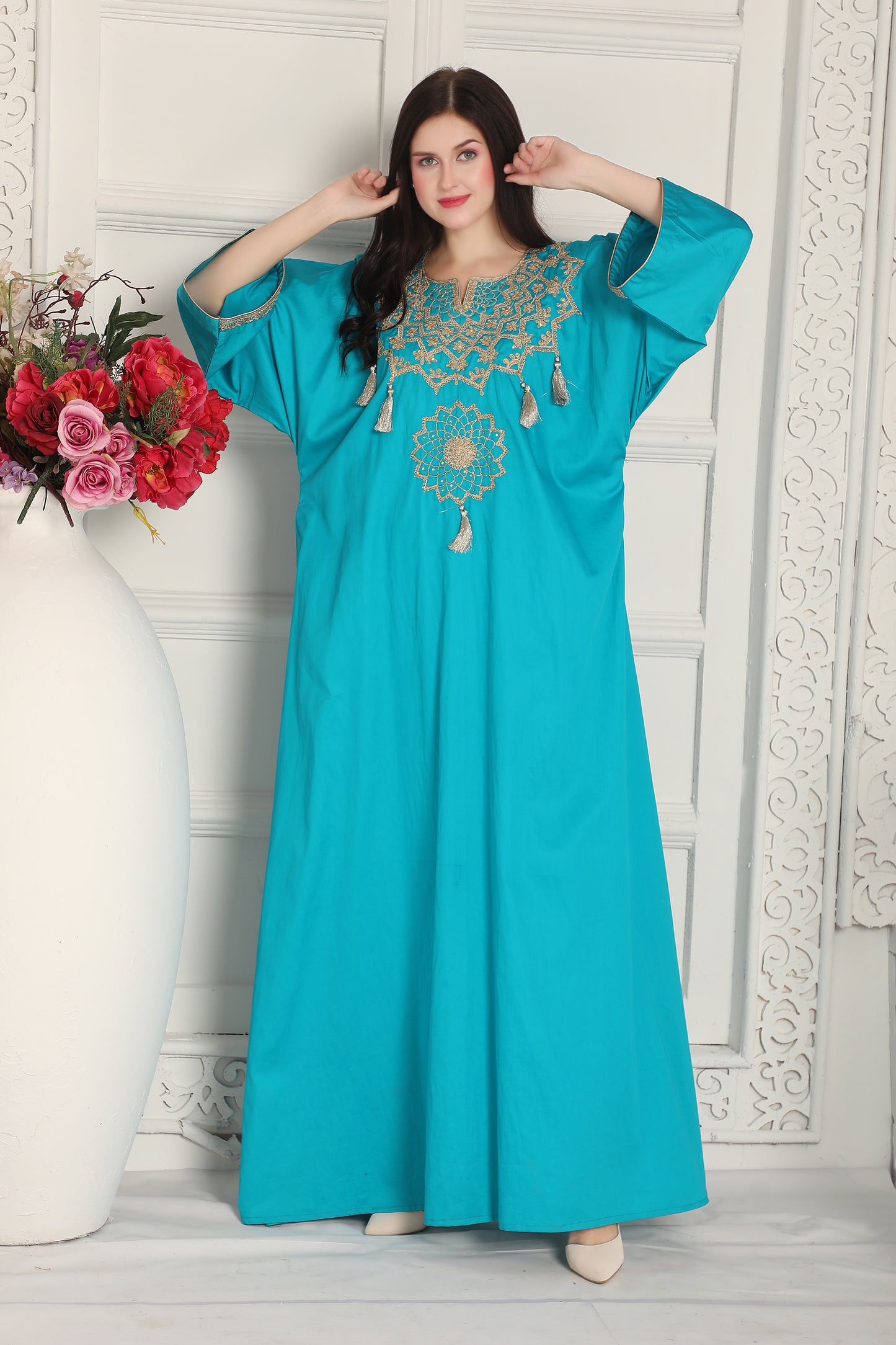 Turquoise Embroidered Kaftan Dress with Statement Front Motif