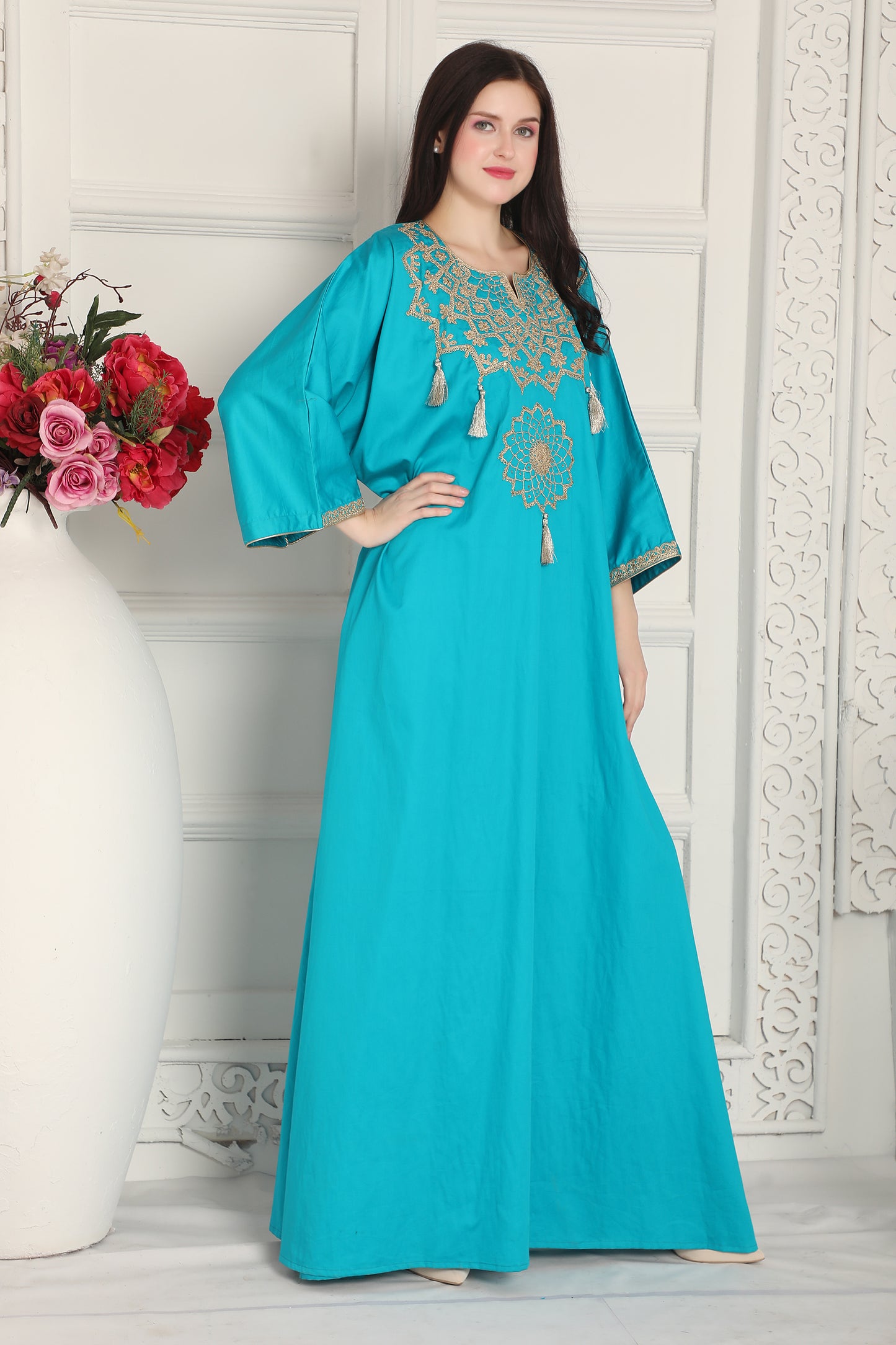 Turquoise Embroidered Kaftan Dress with Statement Front Motif