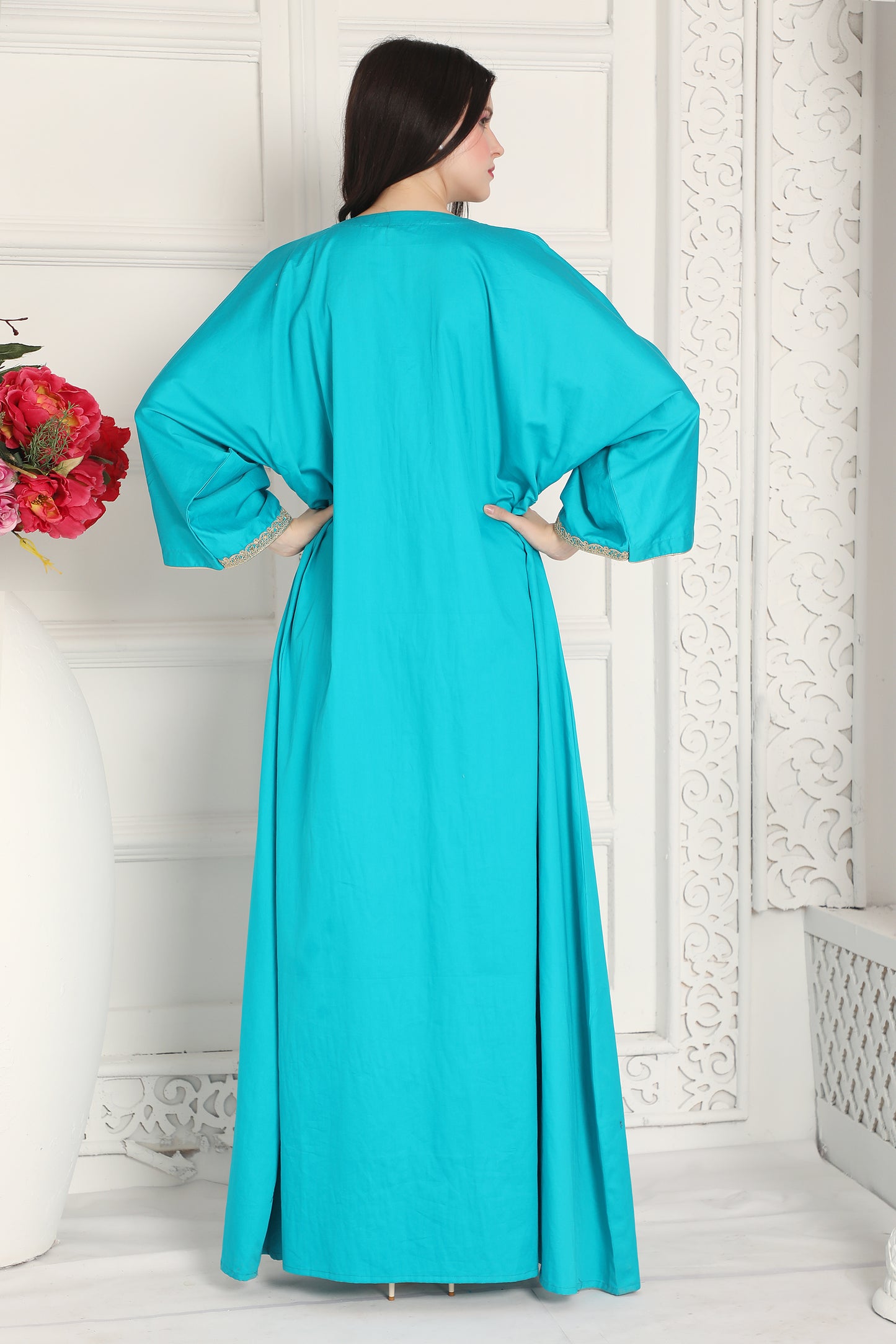 Turquoise Embroidered Kaftan Dress with Statement Front Motif