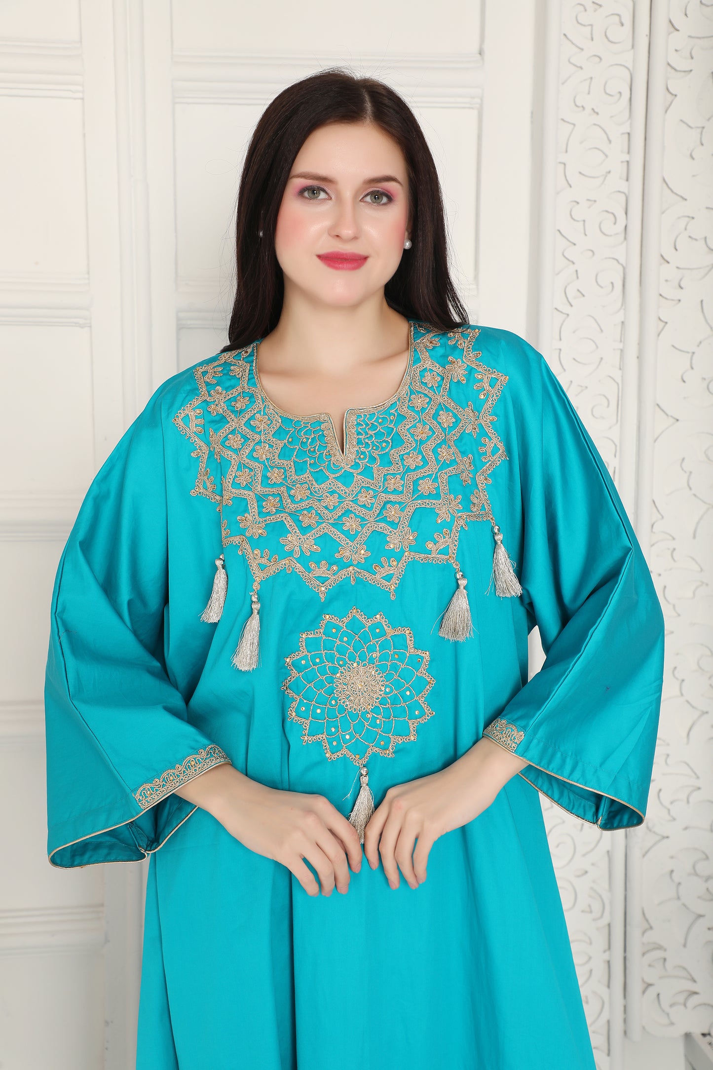 Turquoise Embroidered Kaftan Dress with Statement Front Motif