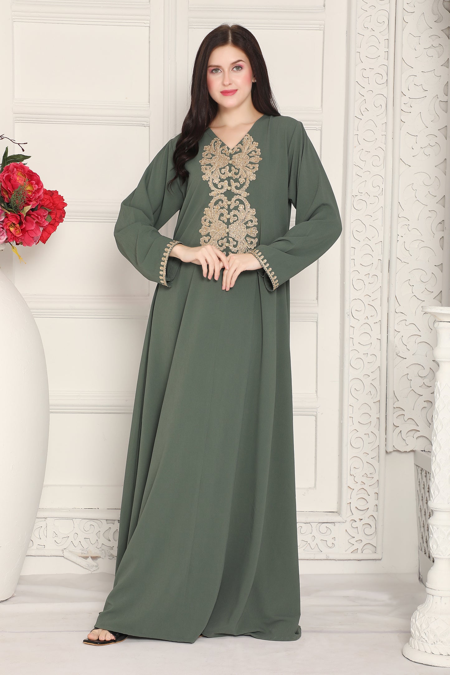 Olive Green Full-Length Dress with Gold Neck Embroidery