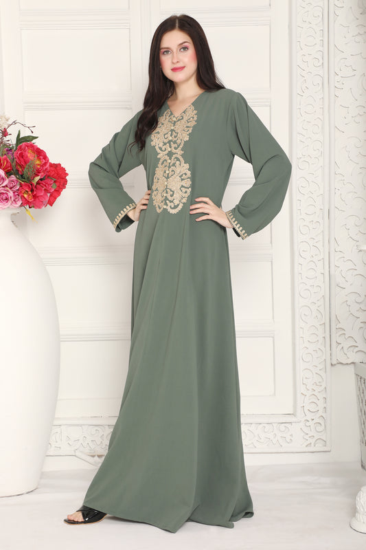 Olive Green Full-Length Dress with Gold Neck Embroidery