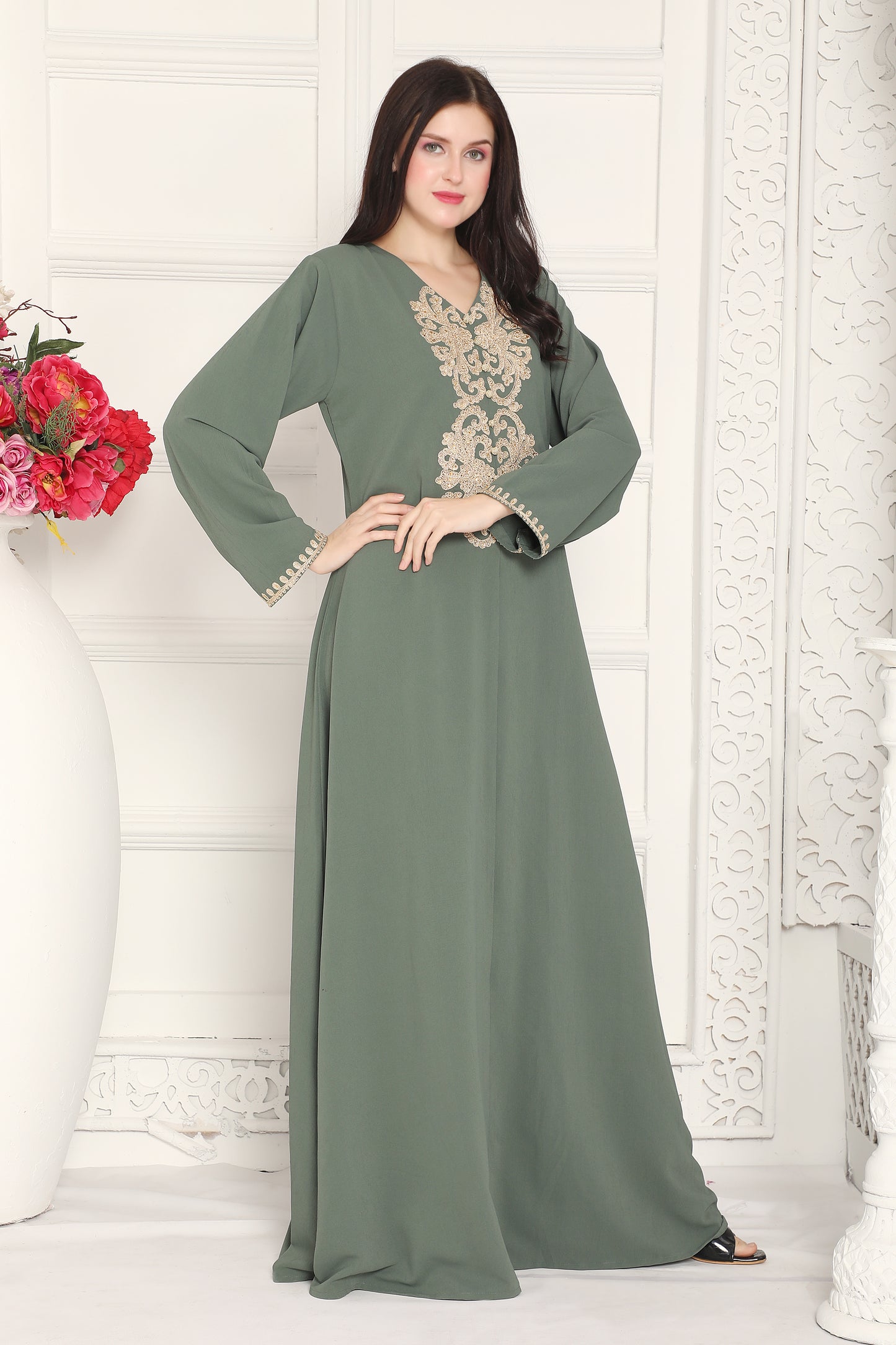 Olive Green Full-Length Dress with Gold Neck Embroidery
