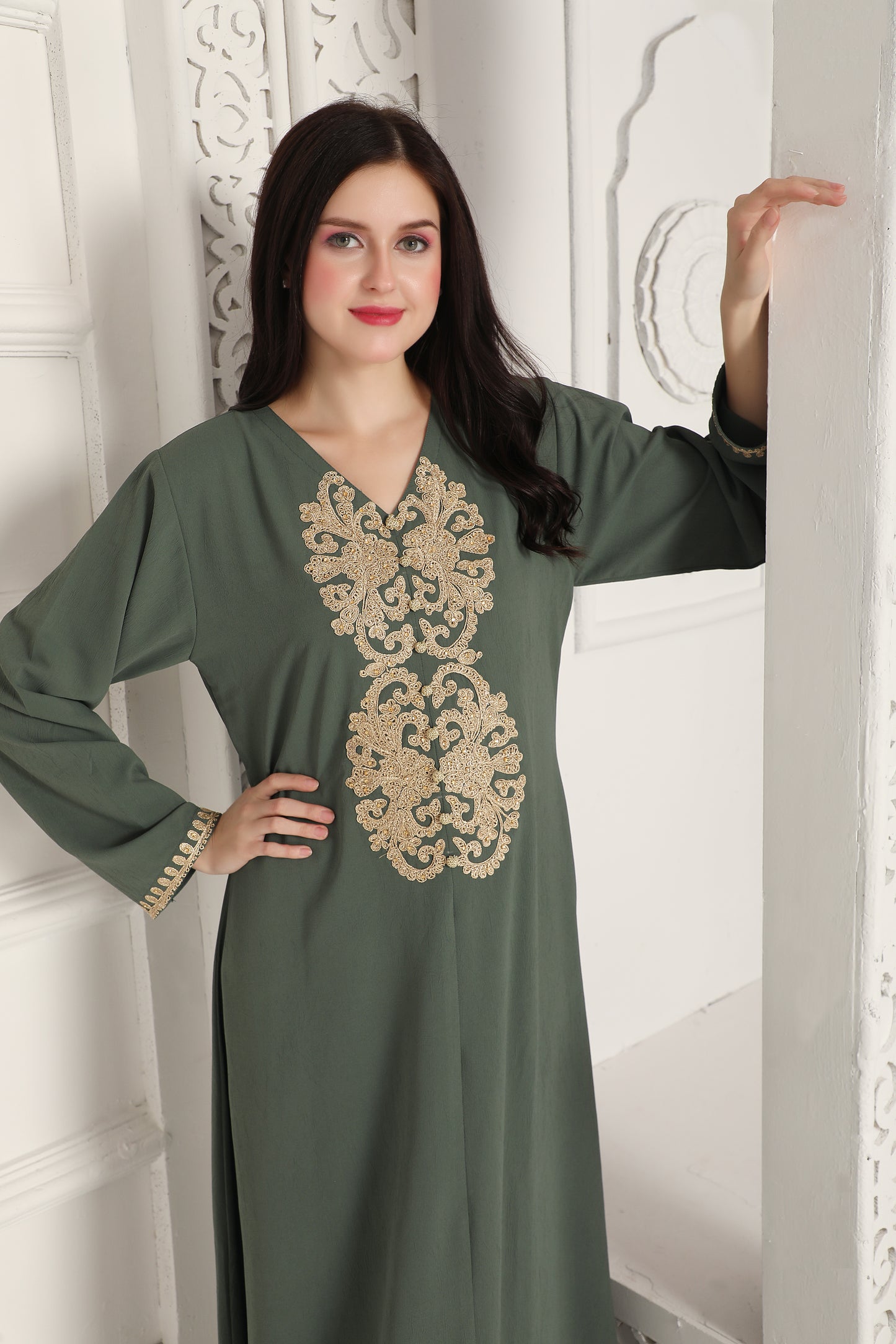Olive Green Full-Length Dress with Gold Neck Embroidery