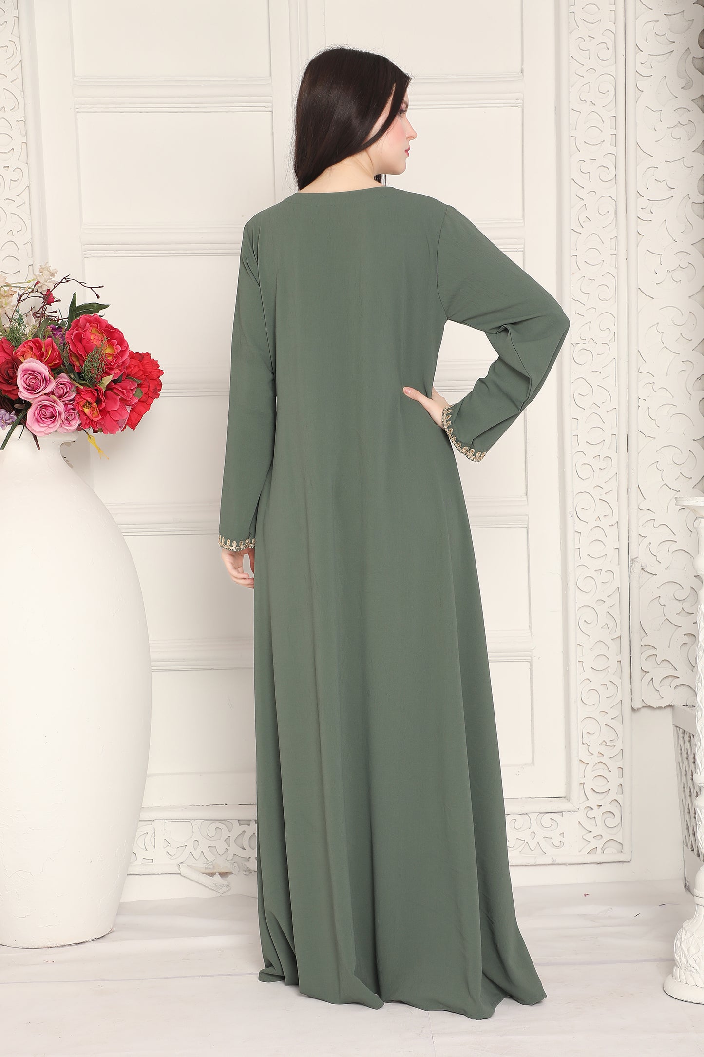 Olive Green Full-Length Dress with Gold Neck Embroidery