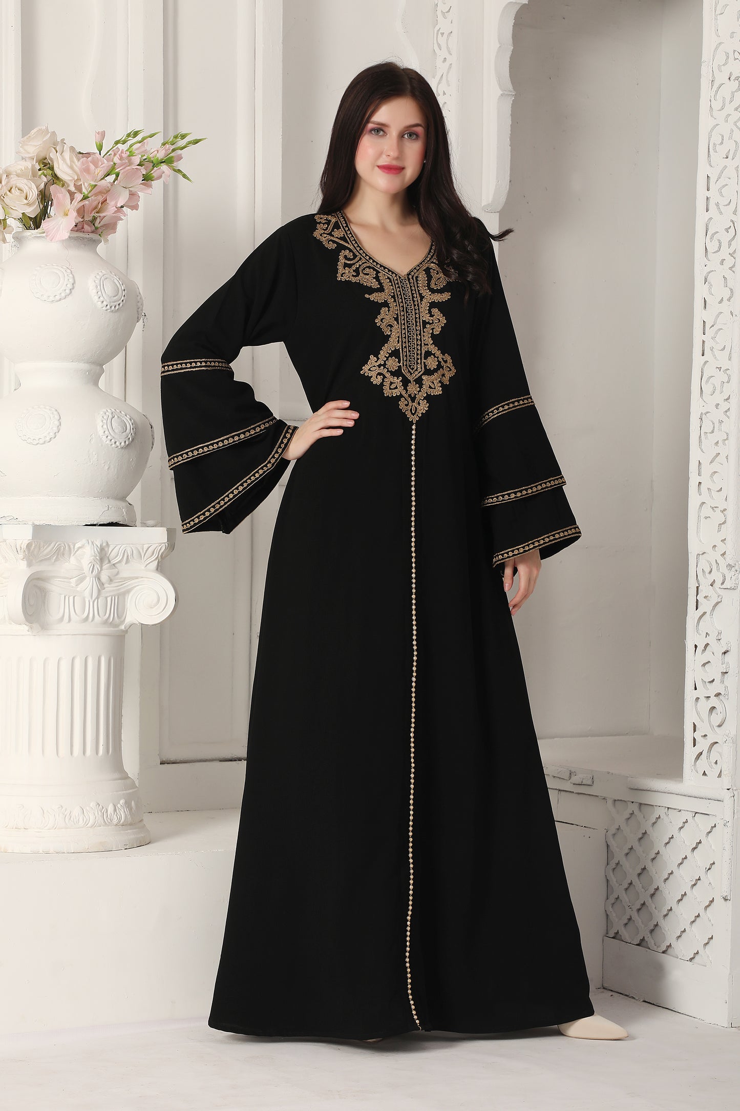 Black Gold Embroidered Modest Maxi Dress