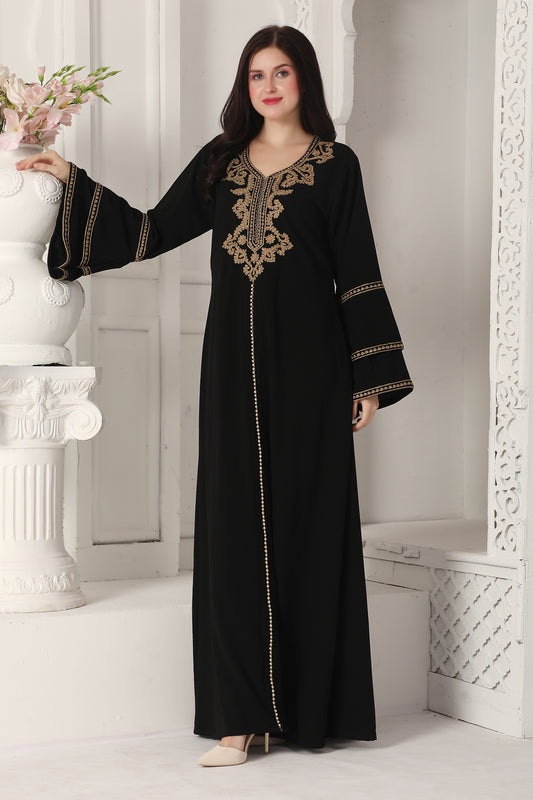 Black Gold Embroidered Modest Maxi Dress