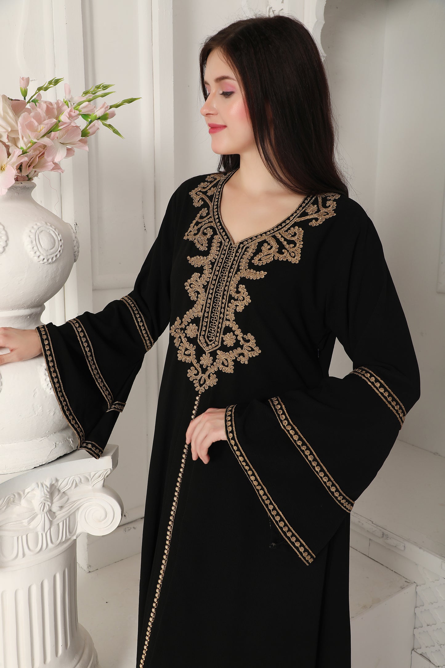 Black Gold Embroidered Modest Maxi Dress