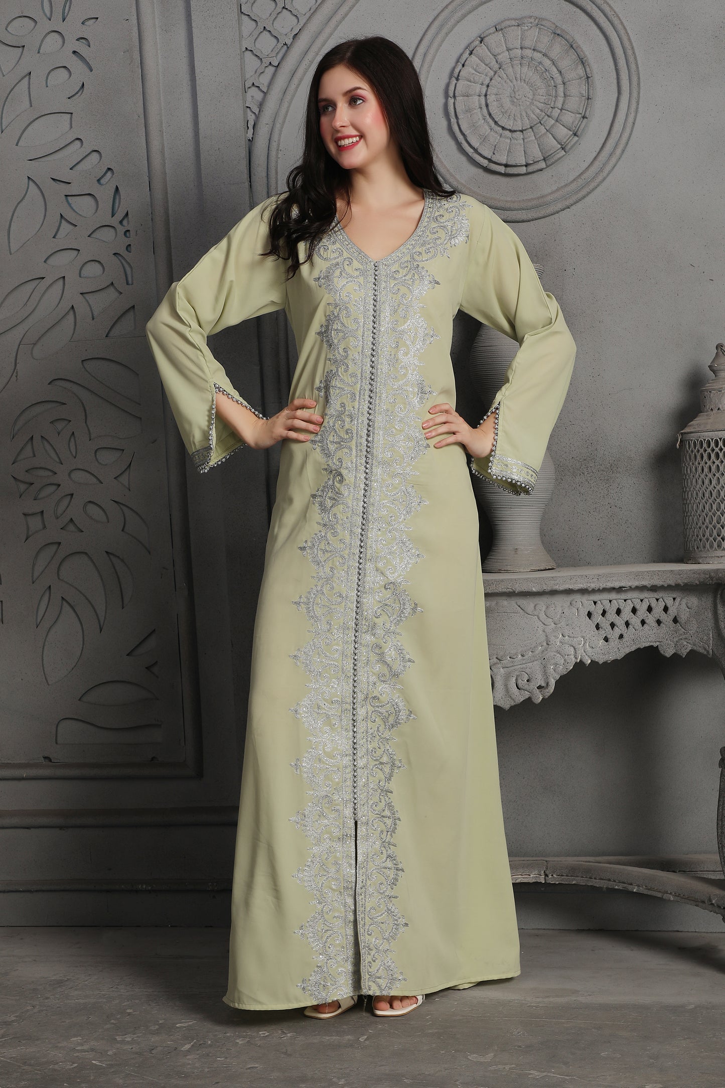 Elegant Silver Embroidered Pastel Green Modest Kaftan Dress