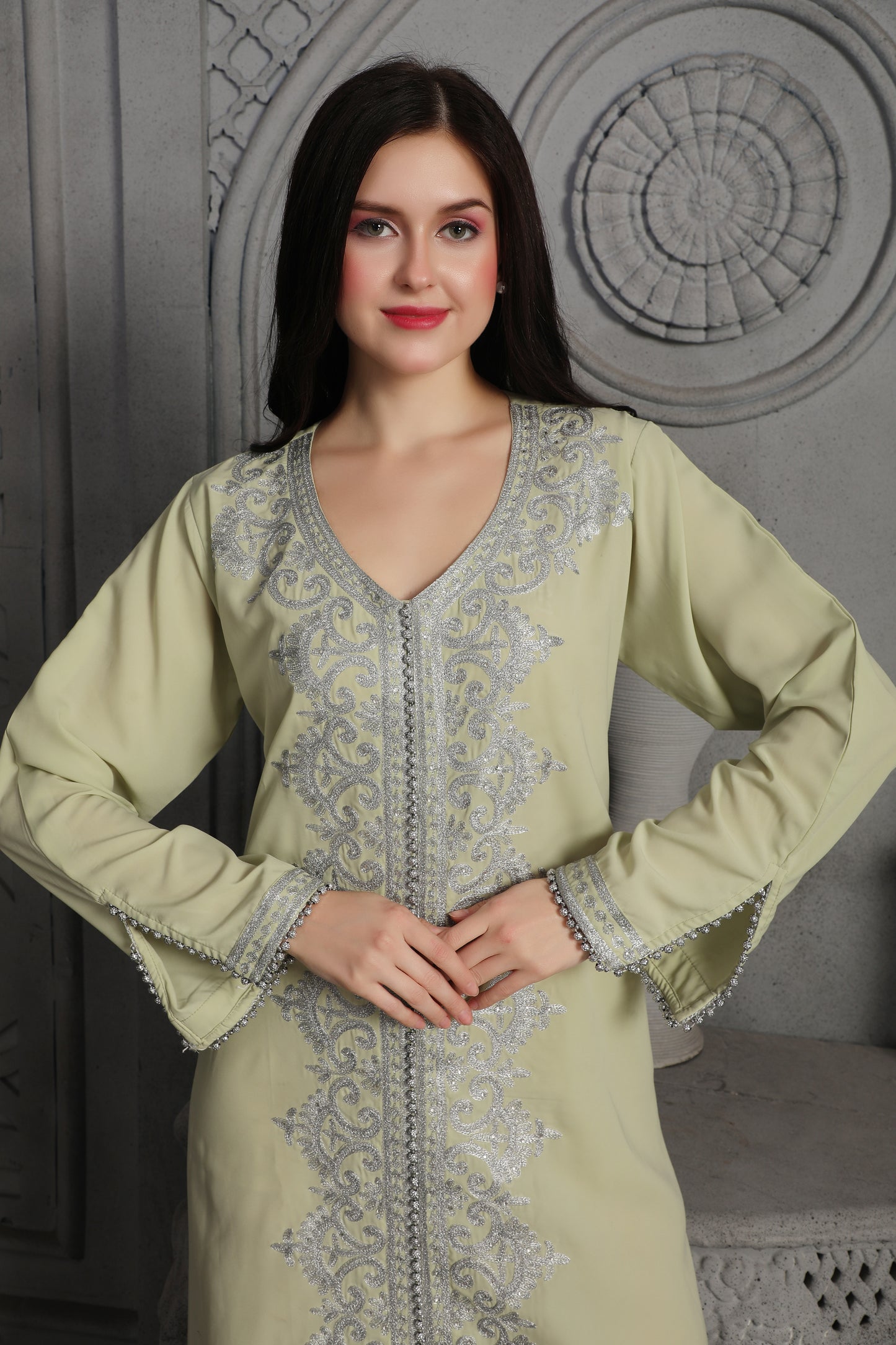 Elegant Silver Embroidered Pastel Green Modest Kaftan Dress