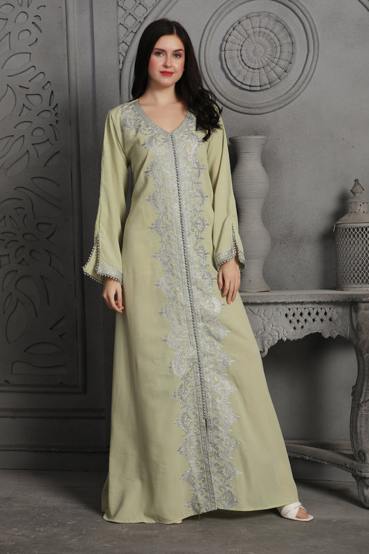 Elegant Silver Embroidered Pastel Green Modest Kaftan Dress