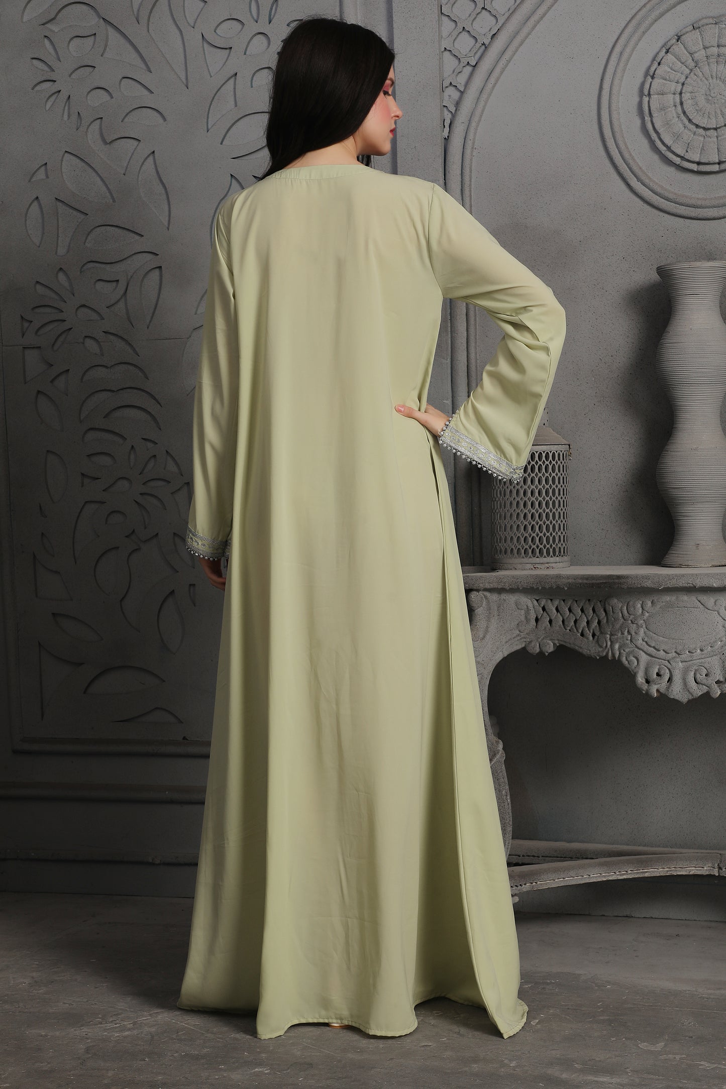 Elegant Silver Embroidered Pastel Green Modest Kaftan Dress