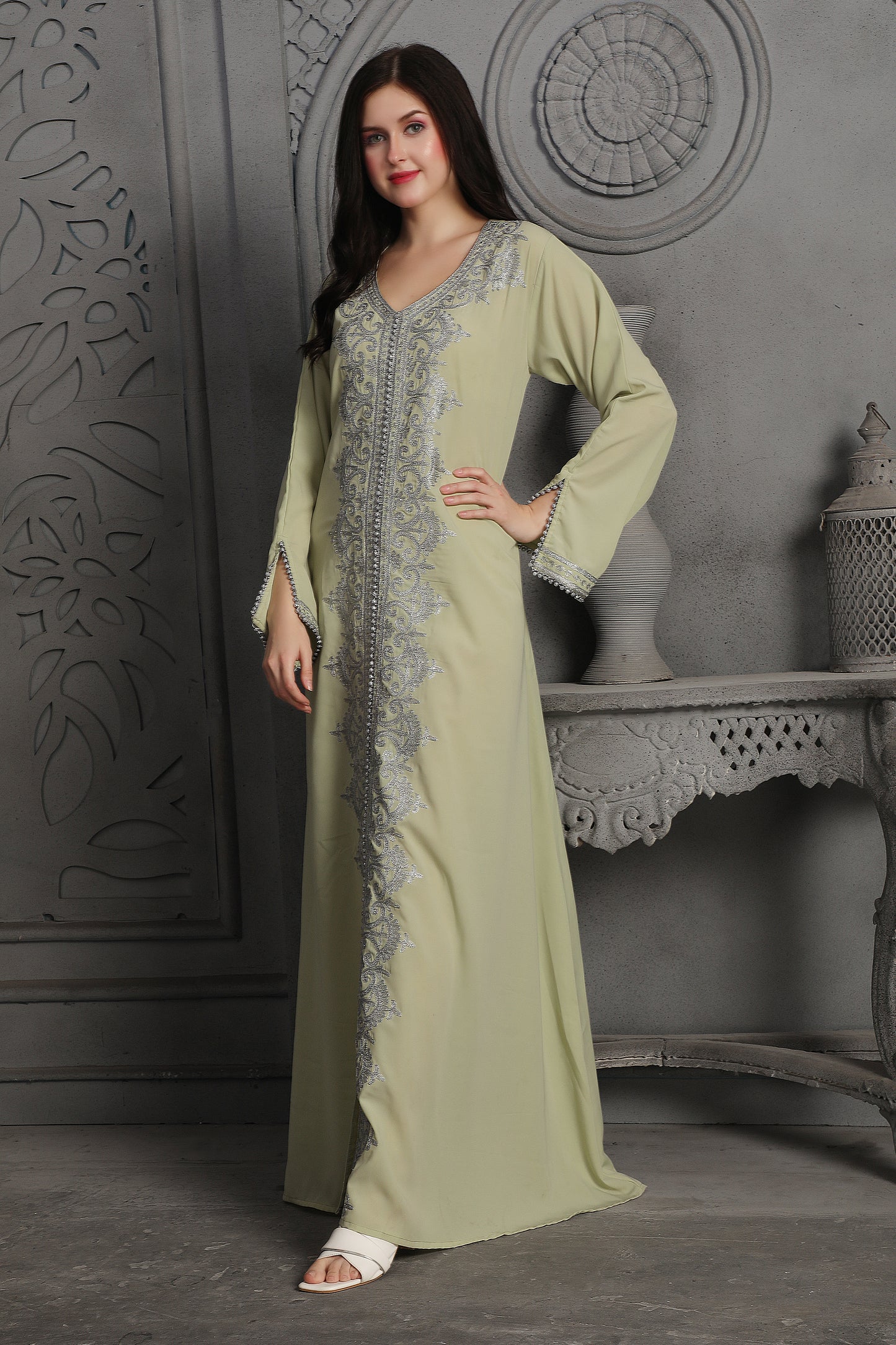 Elegant Silver Embroidered Pastel Green Modest Kaftan Dress