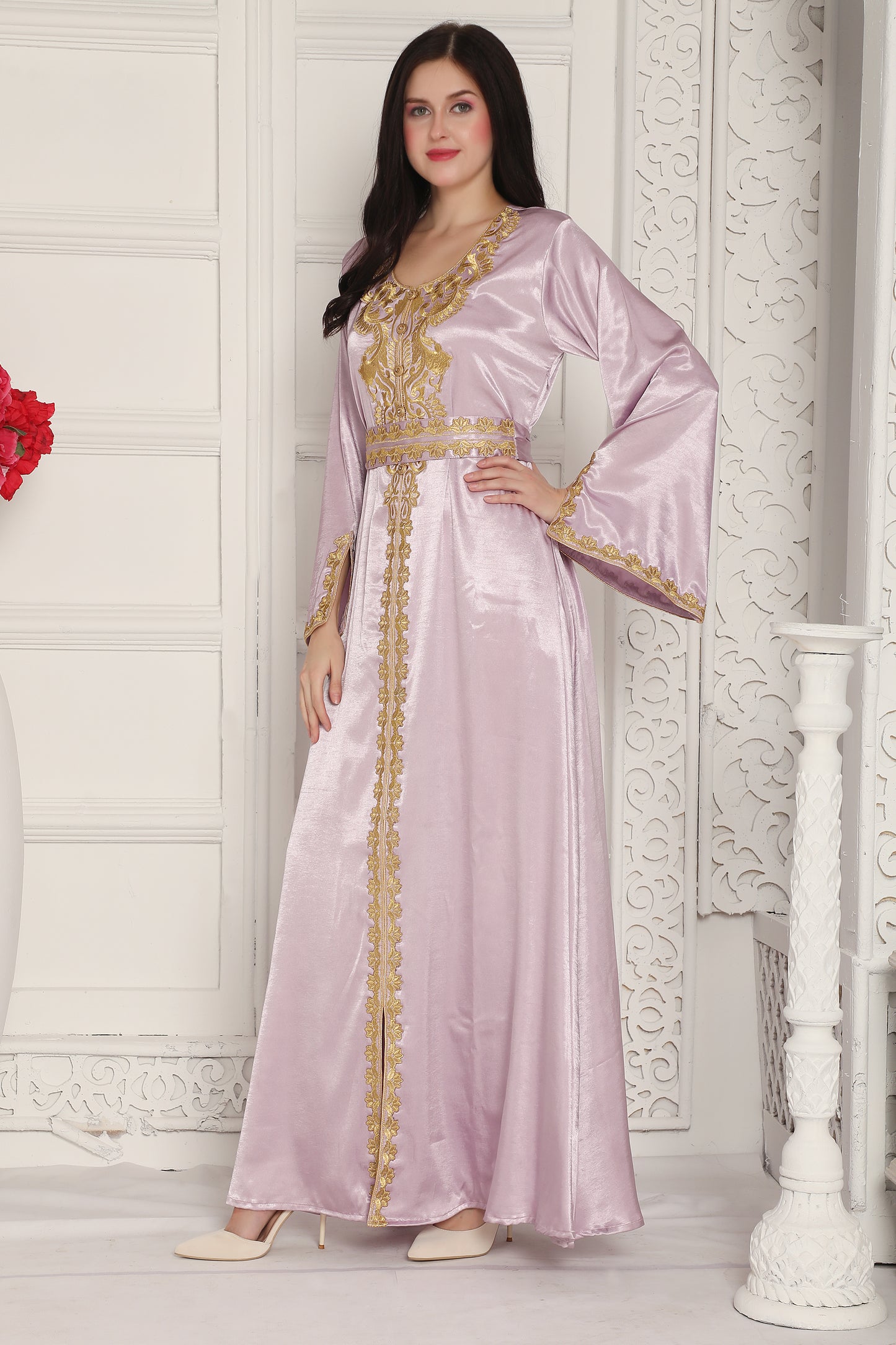 Lavender Satin Finish Kaftan with Gold Embroidered Neck Panel