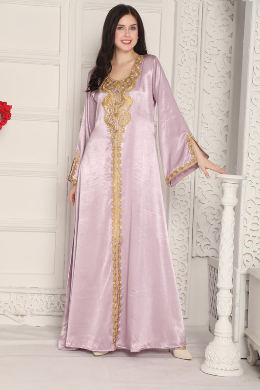 Lavender Satin Finish Kaftan with Gold Embroidered Neck Panel