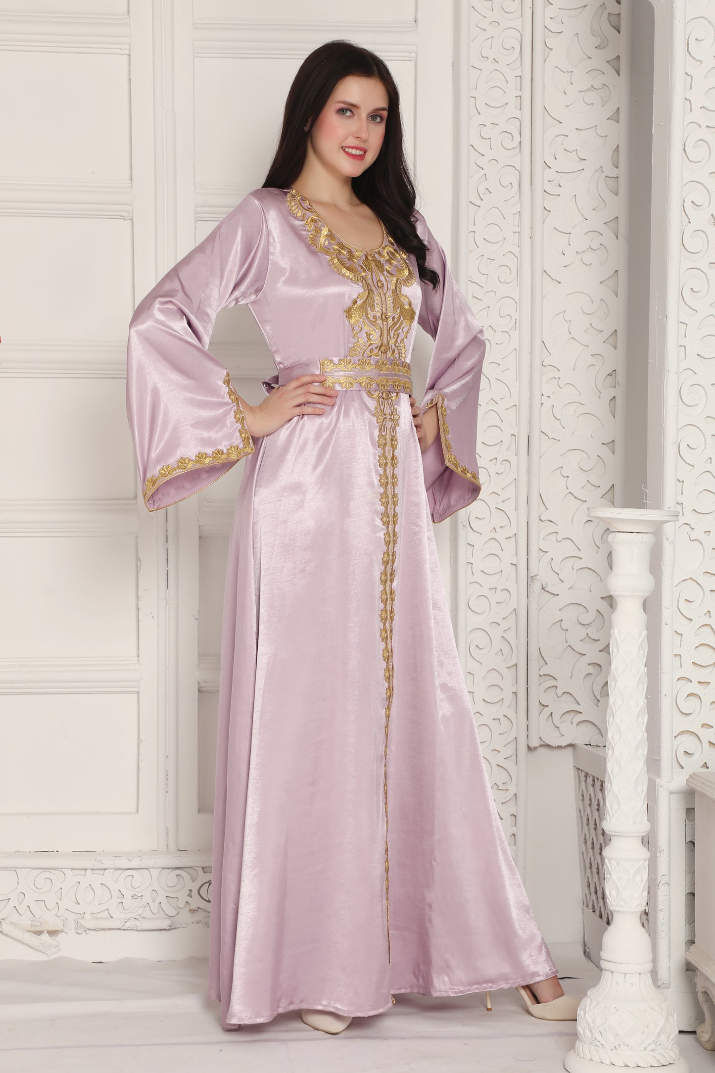 Lavender Satin Finish Kaftan with Gold Embroidered Neck Panel