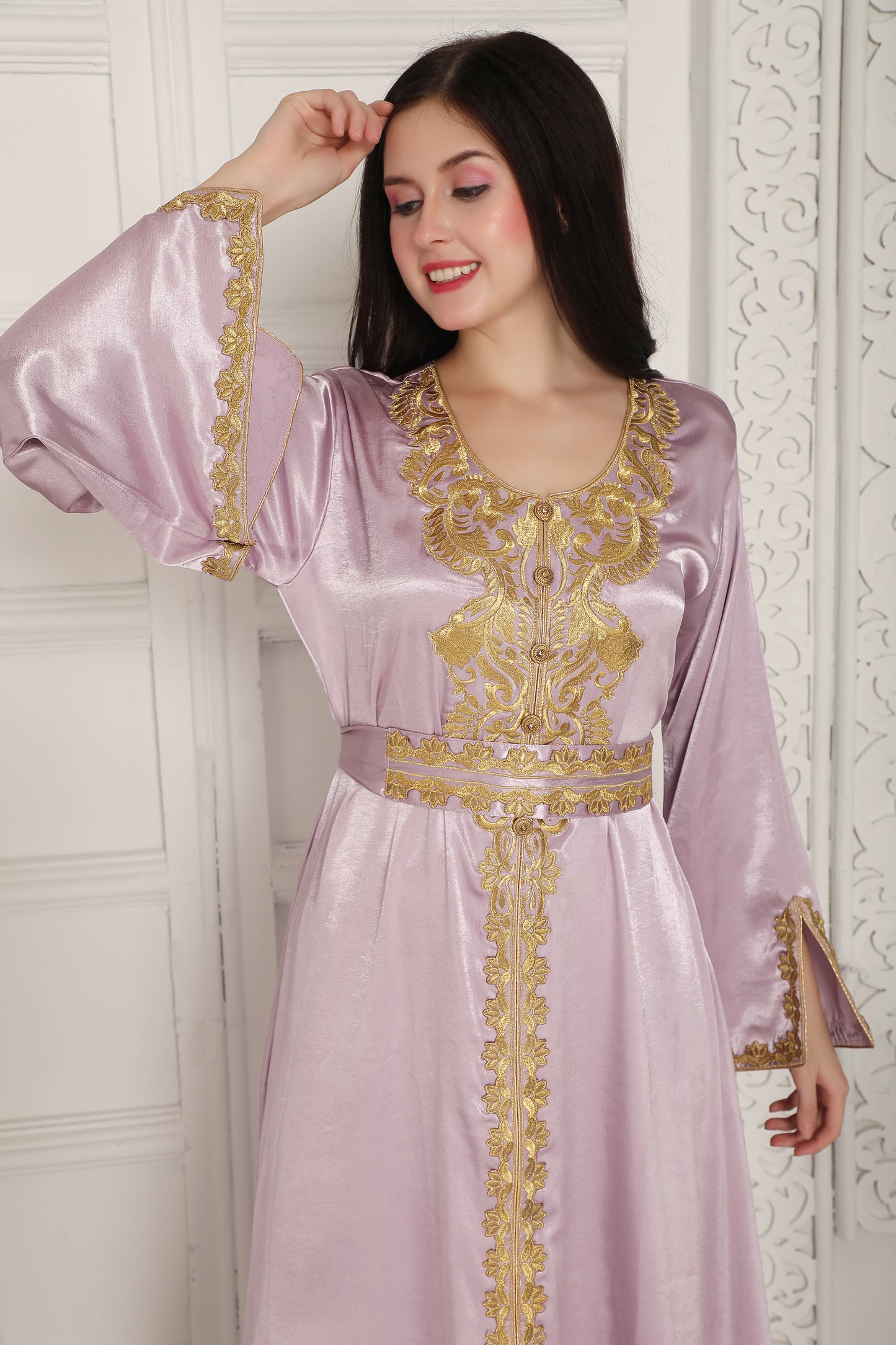 Lavender Satin Finish Kaftan with Gold Embroidered Neck Panel