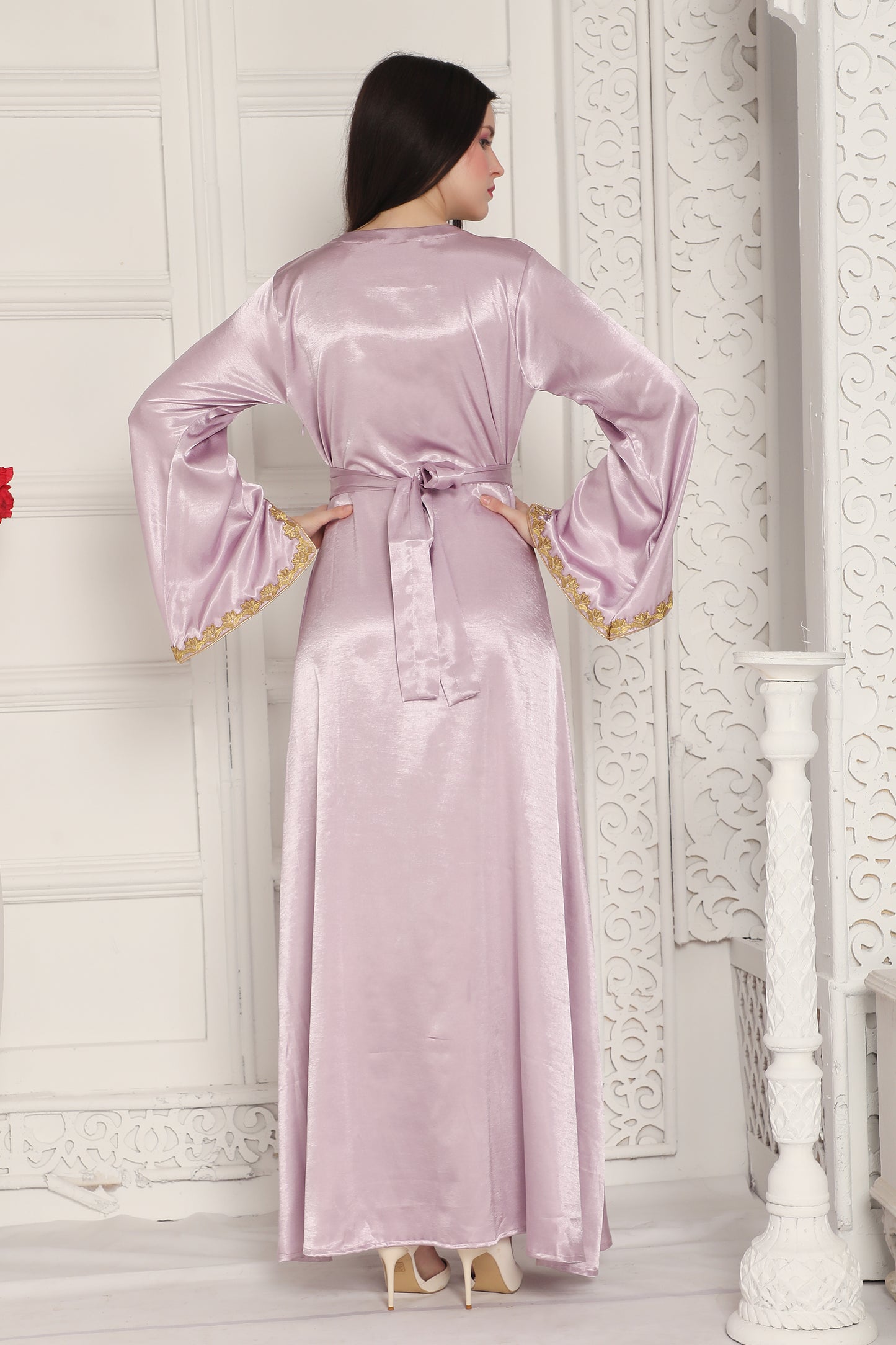 Lavender Satin Finish Kaftan with Gold Embroidered Neck Panel