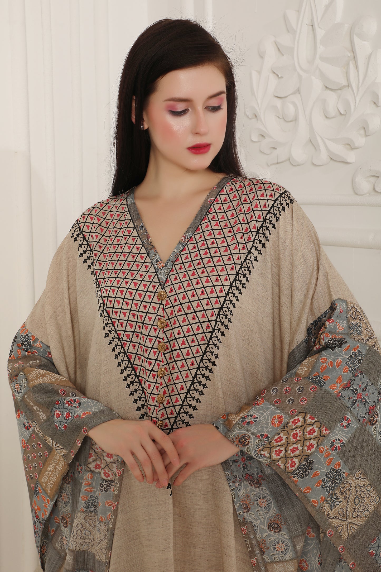Beige Printed Kaftan with Designer Contrast Sleeve Panels