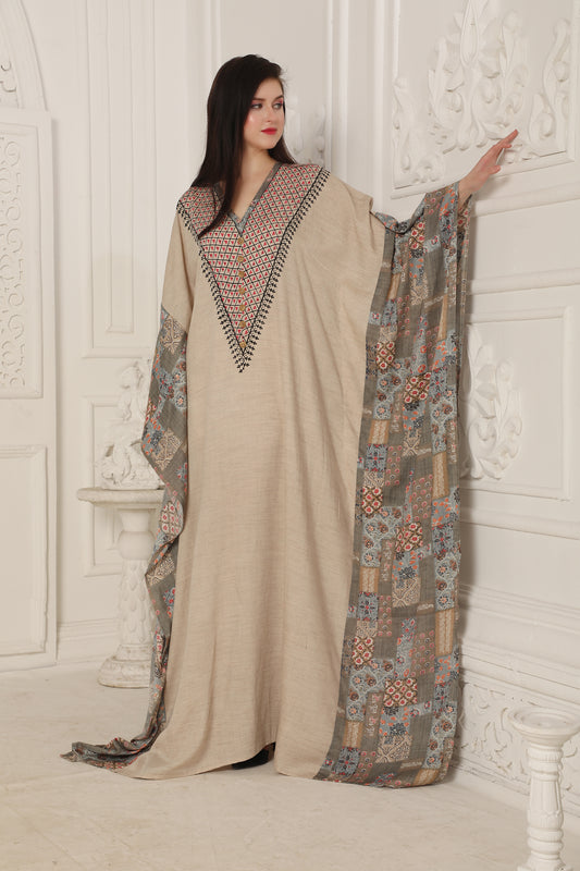 Beige Printed Kaftan with Designer Contrast Sleeve Panels