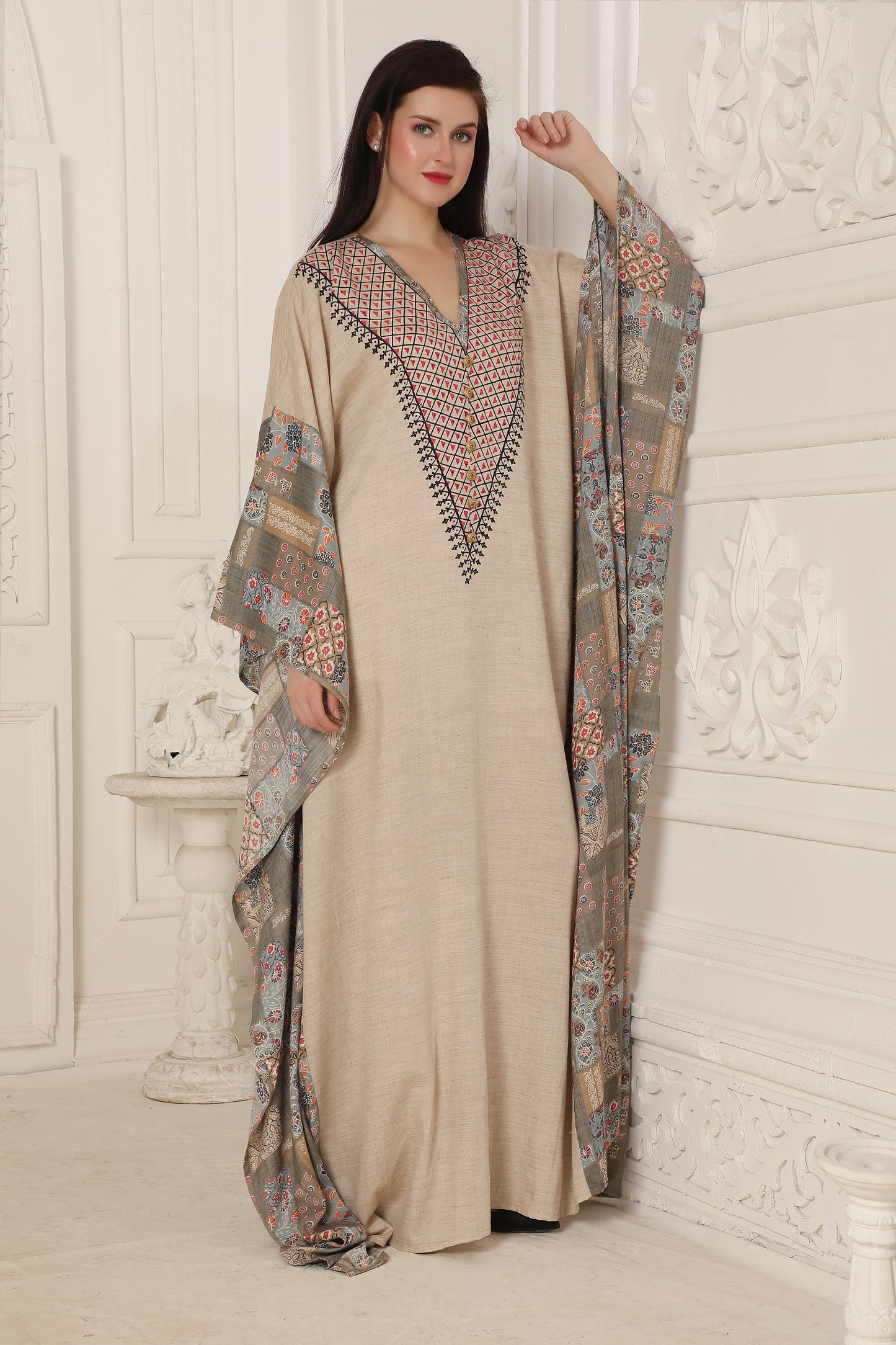 Beige Printed Kaftan with Designer Contrast Sleeve Panels