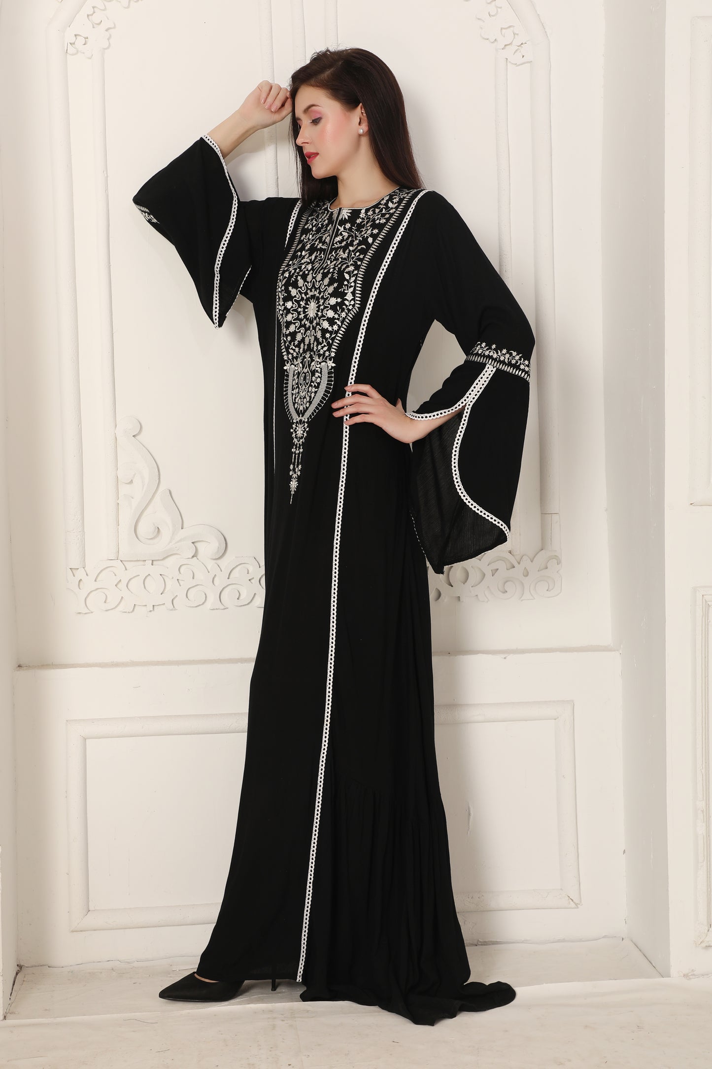 Black Statement Kaftan with White Thread Embroidery Detailing