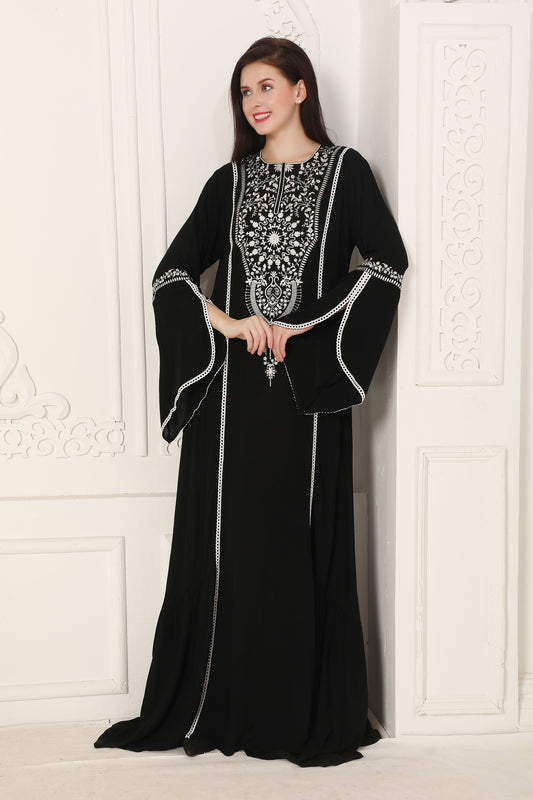 Black Statement Kaftan with White Thread Embroidery Detailing