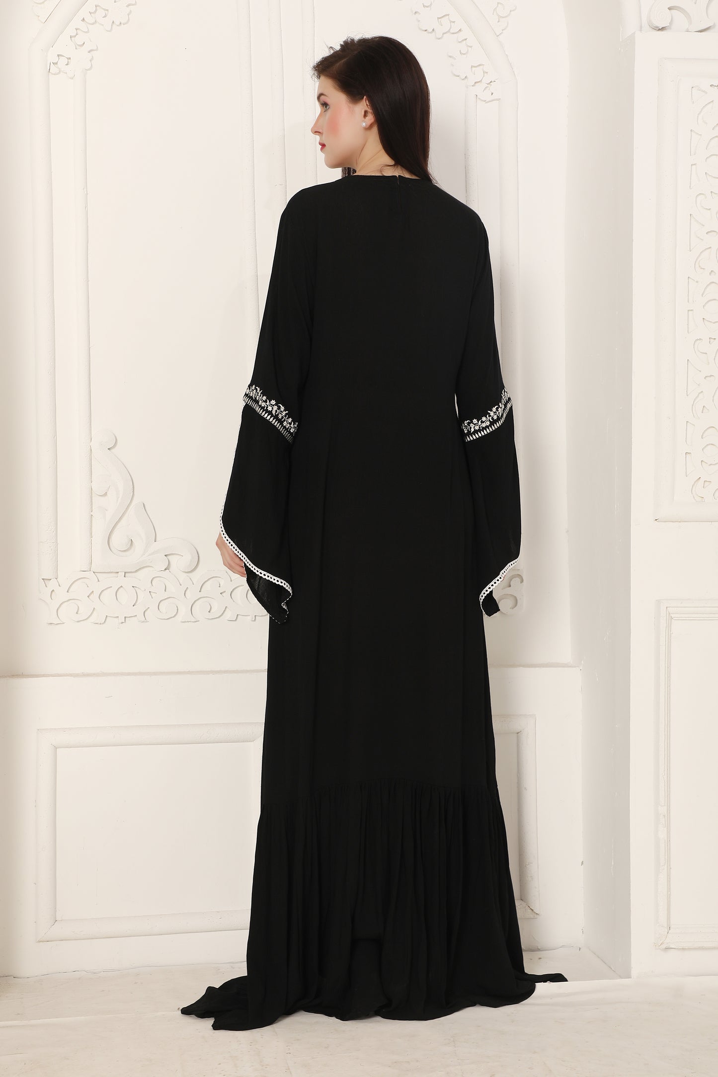 Black Statement Kaftan with White Thread Embroidery Detailing