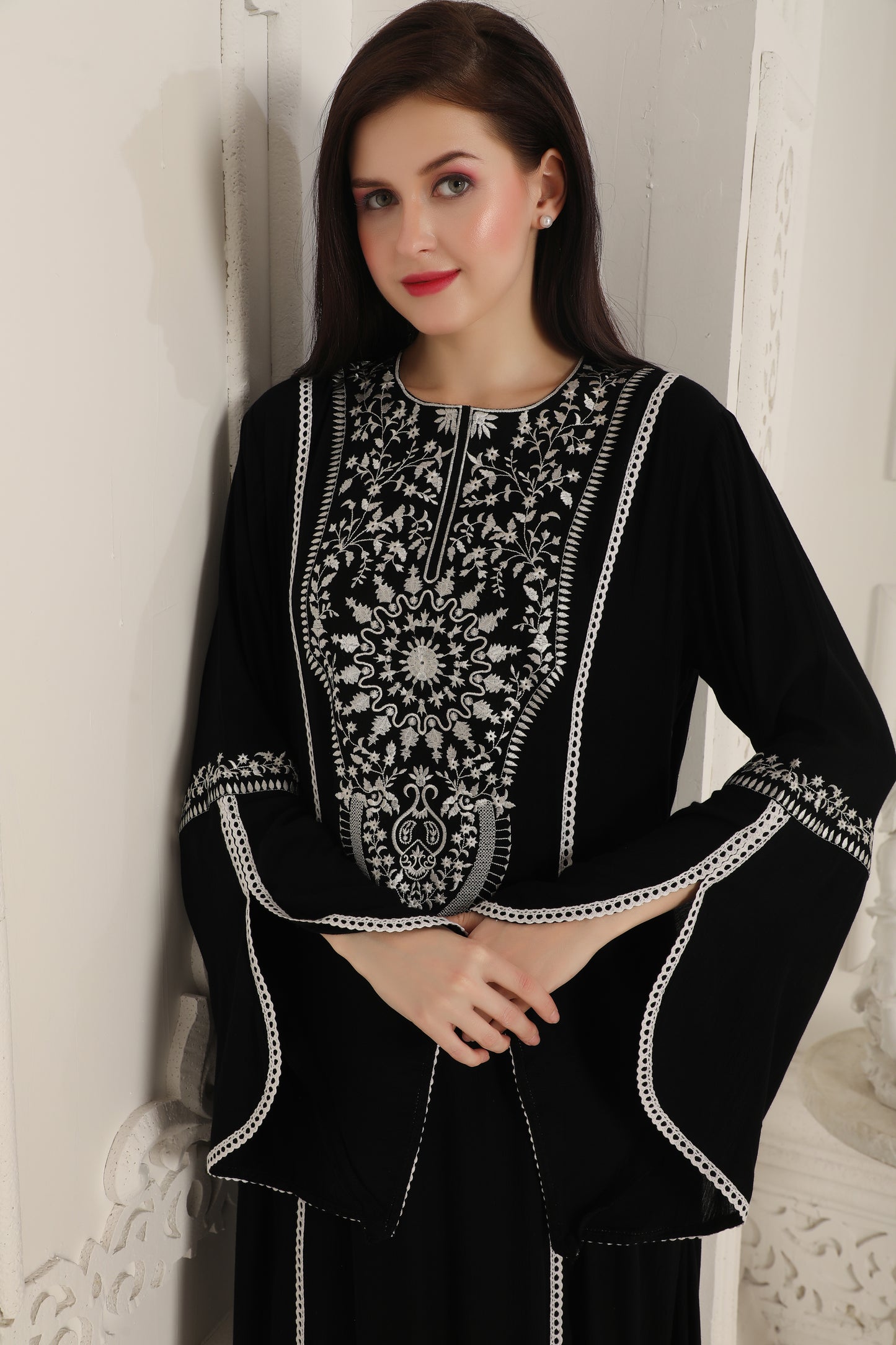 Black Statement Kaftan with White Thread Embroidery Detailing