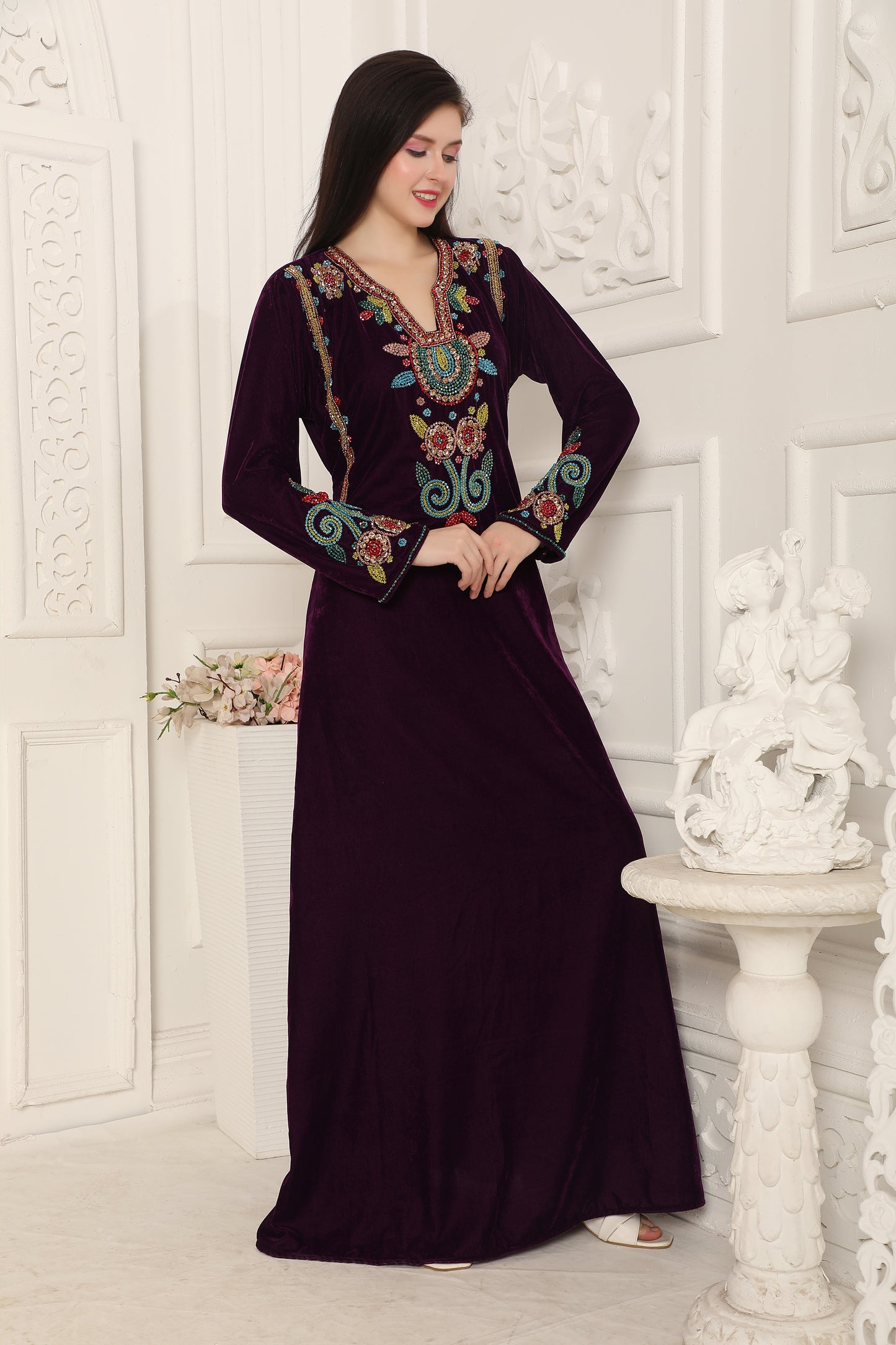 Deep Wine Velvet Kaftan with Multicolor Hand Embroidery