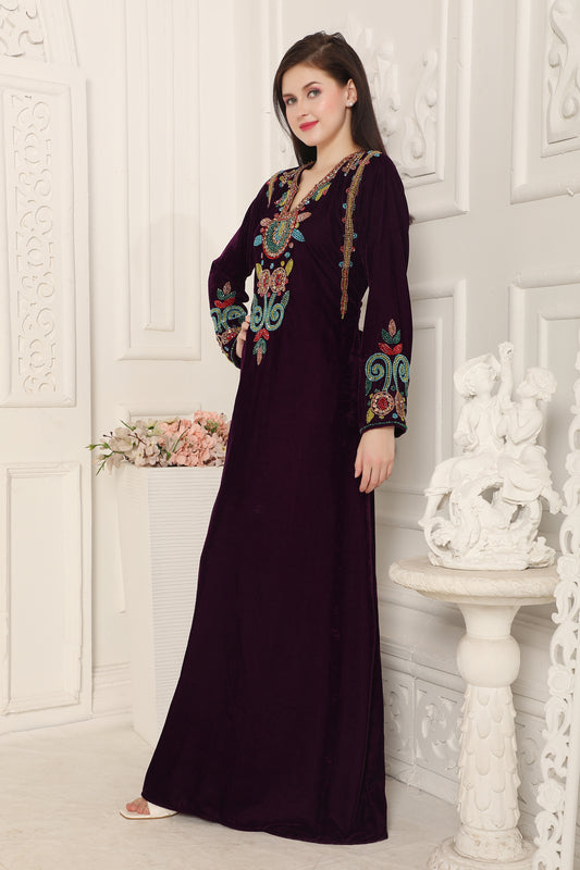 Deep Wine Velvet Kaftan with Multicolor Hand Embroidery