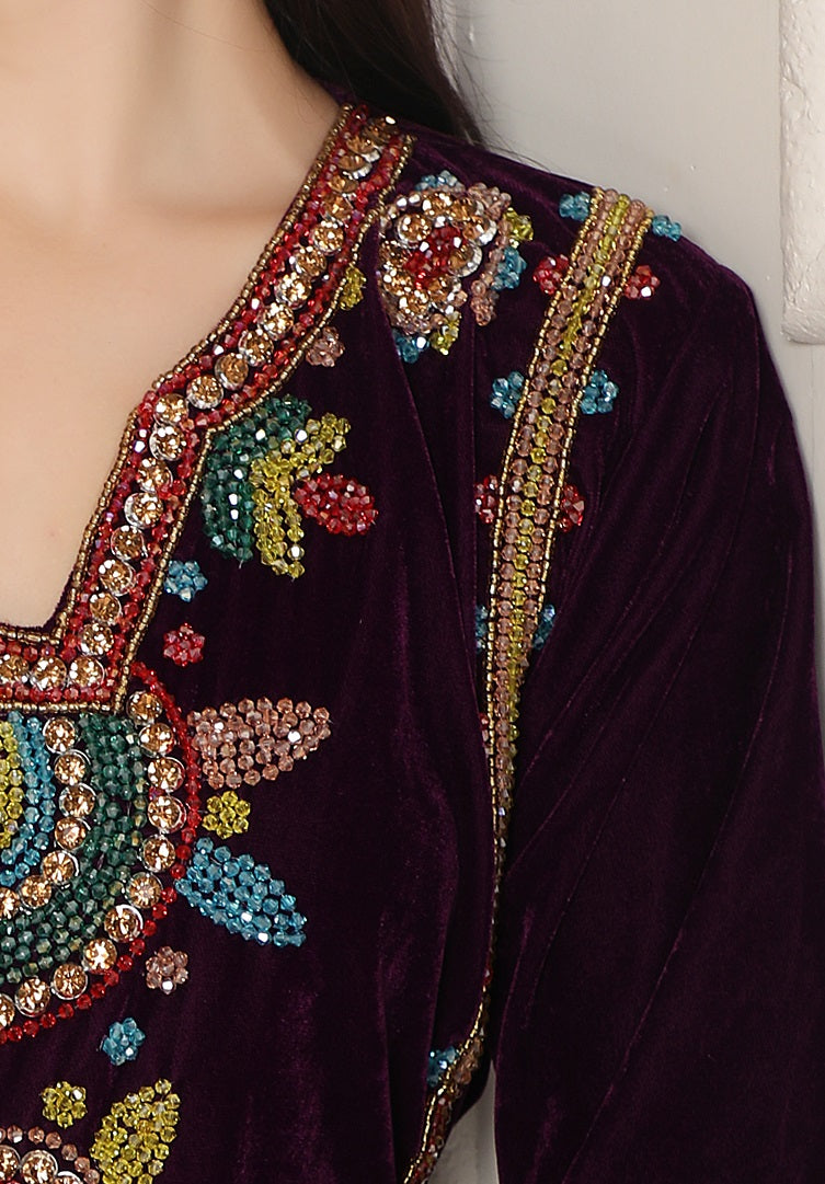 Deep Wine Velvet Kaftan with Multicolor Hand Embroidery