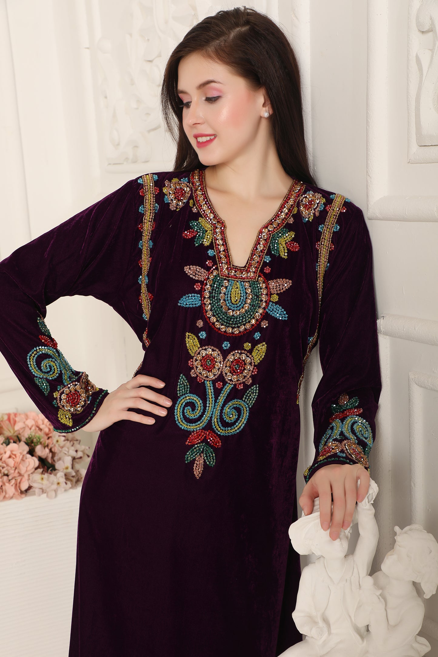 Deep Wine Velvet Kaftan with Multicolor Hand Embroidery