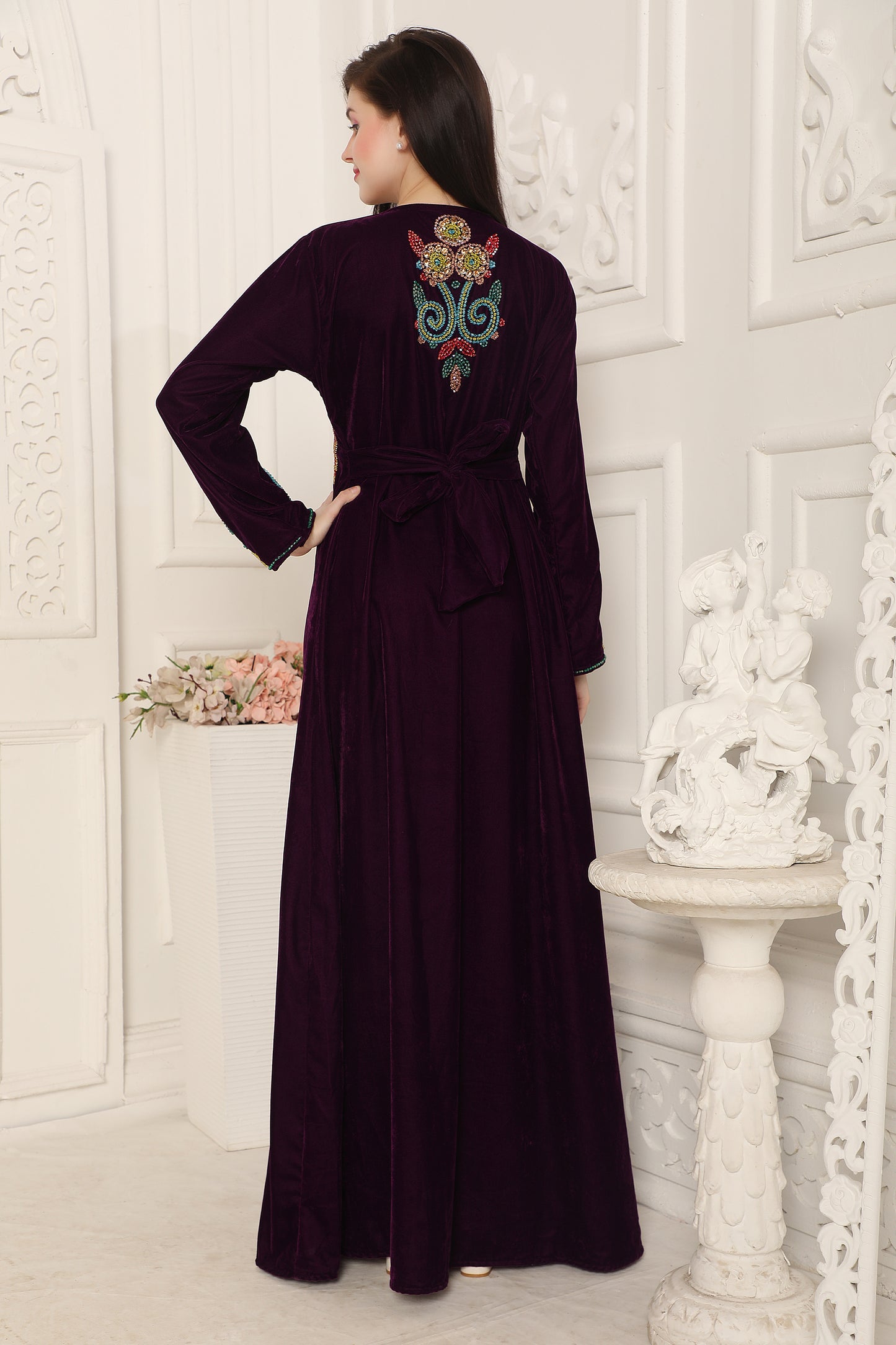 Deep Wine Velvet Kaftan with Multicolor Hand Embroidery