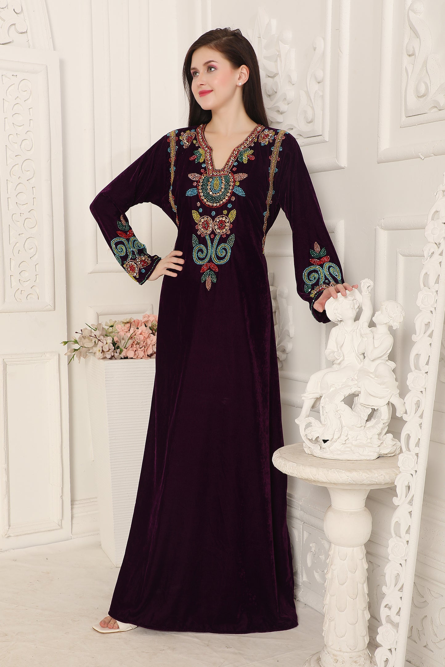 Deep Wine Velvet Kaftan with Multicolor Hand Embroidery