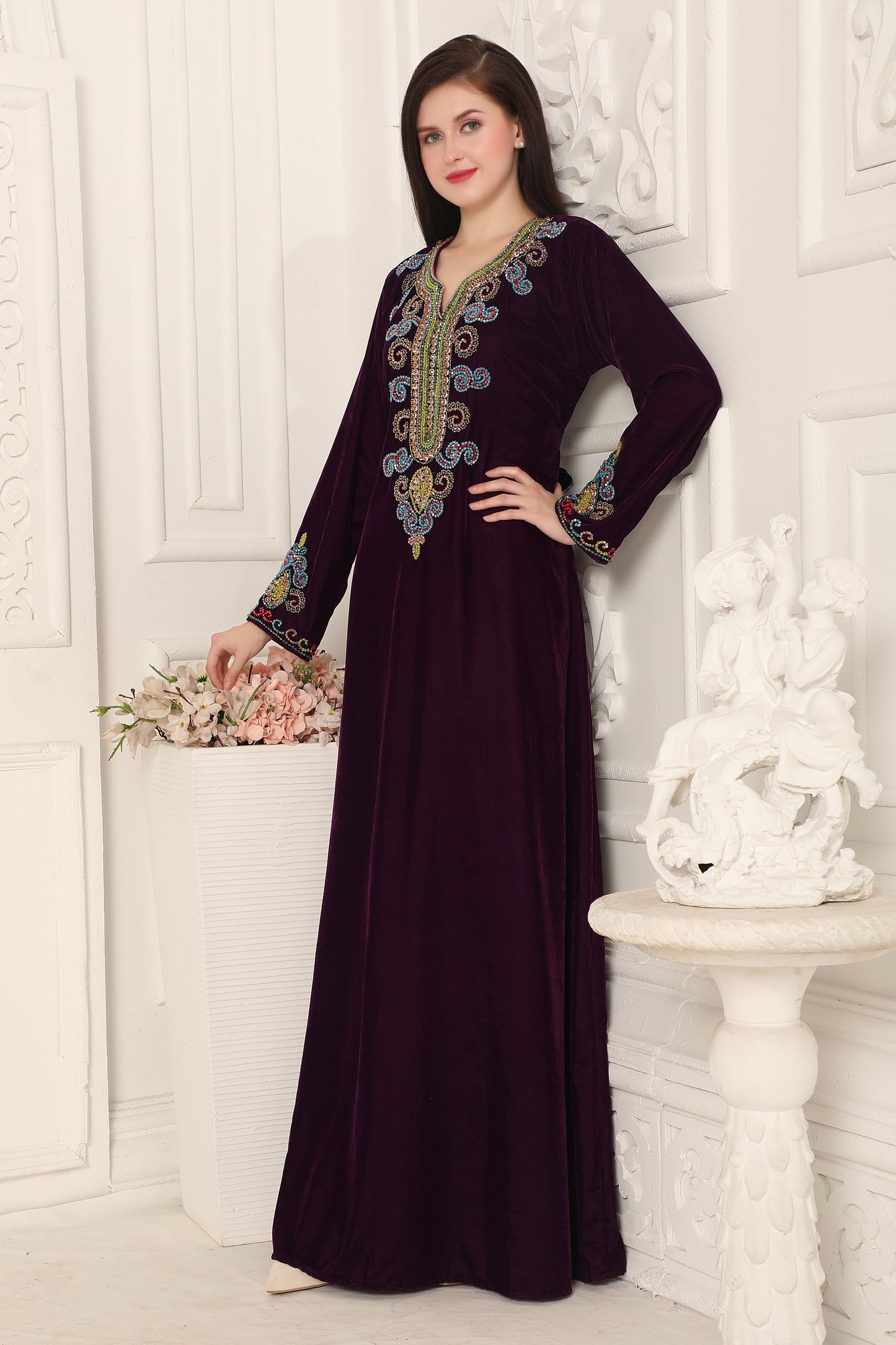 Royal Plum Velvet Embroidered Modest Maxi Dress