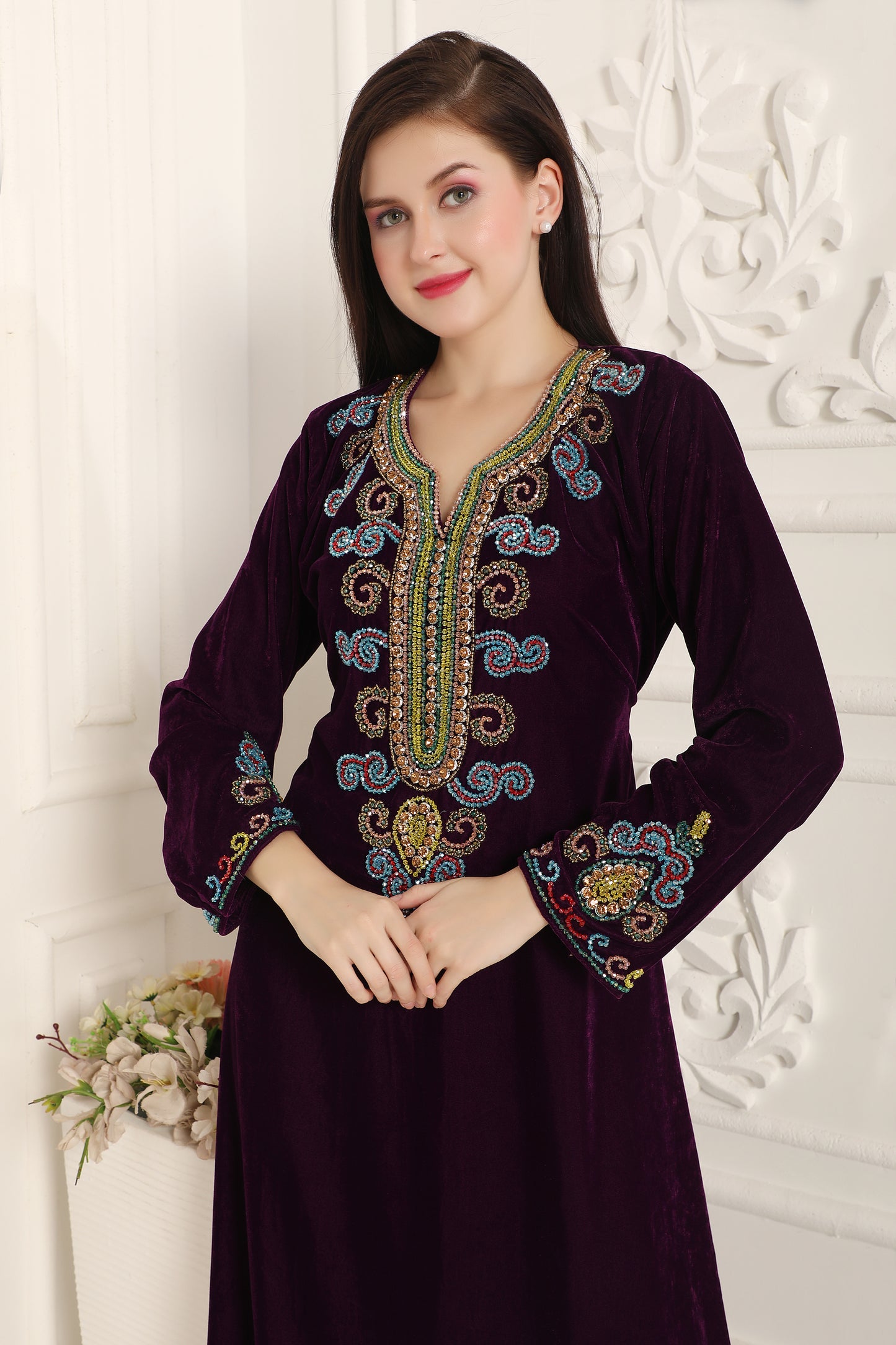 Royal Plum Velvet Embroidered Modest Maxi Dress
