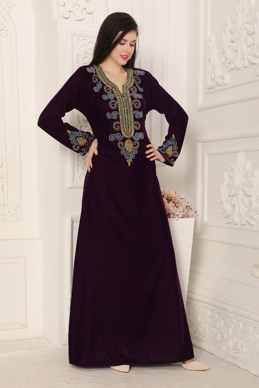 Royal Plum Velvet Embroidered Modest Maxi Dress