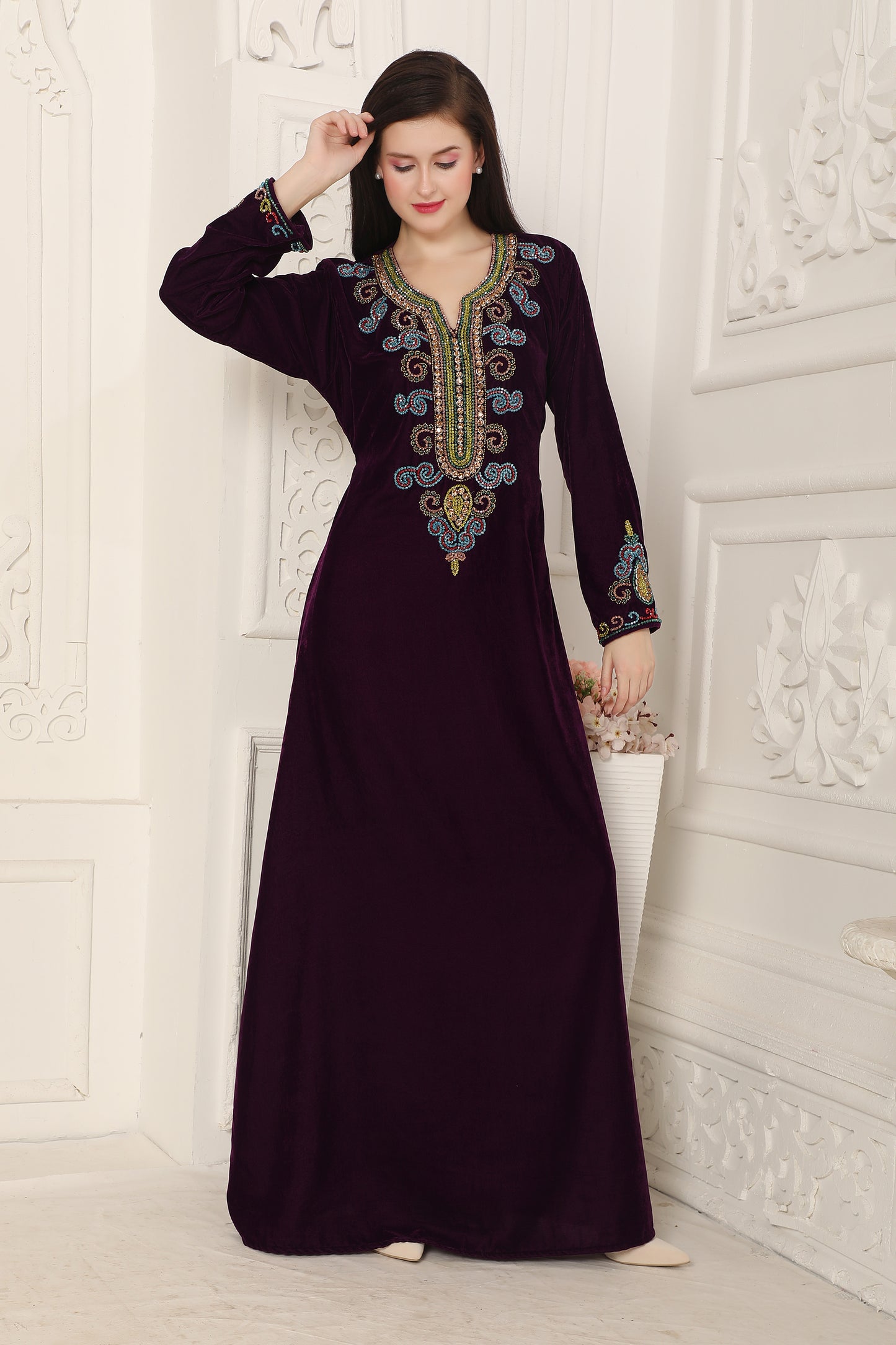 Royal Plum Velvet Embroidered Modest Maxi Dress