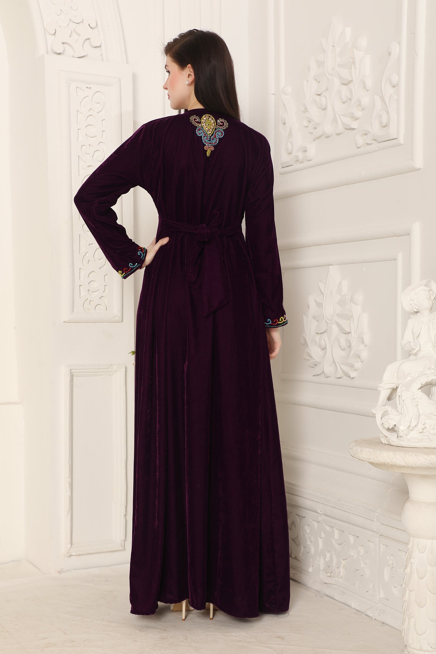 Royal Plum Velvet Embroidered Modest Maxi Dress