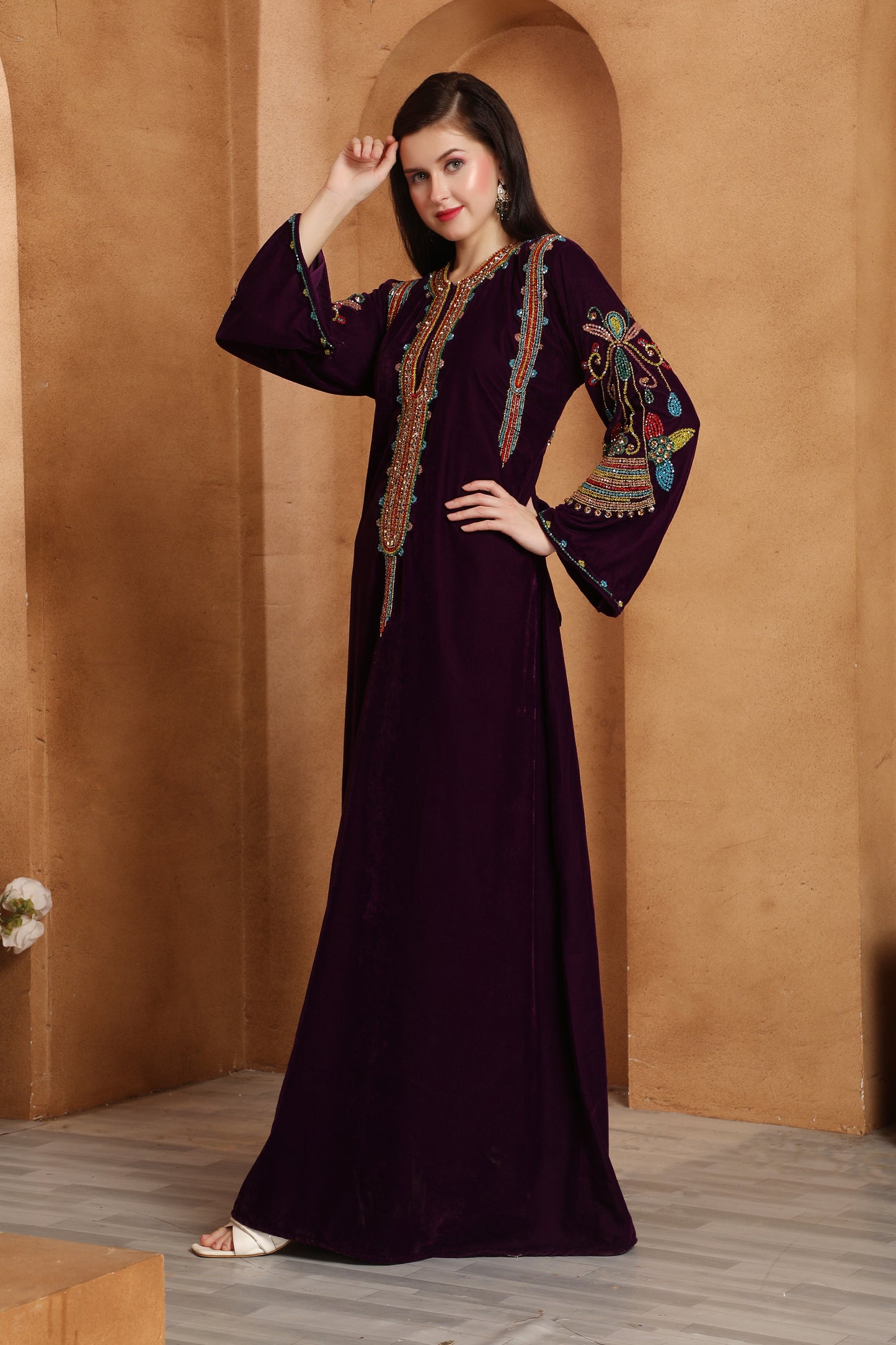 Premium Velvet Kaftan with Rich Ethnic Threadwork Neck Design
