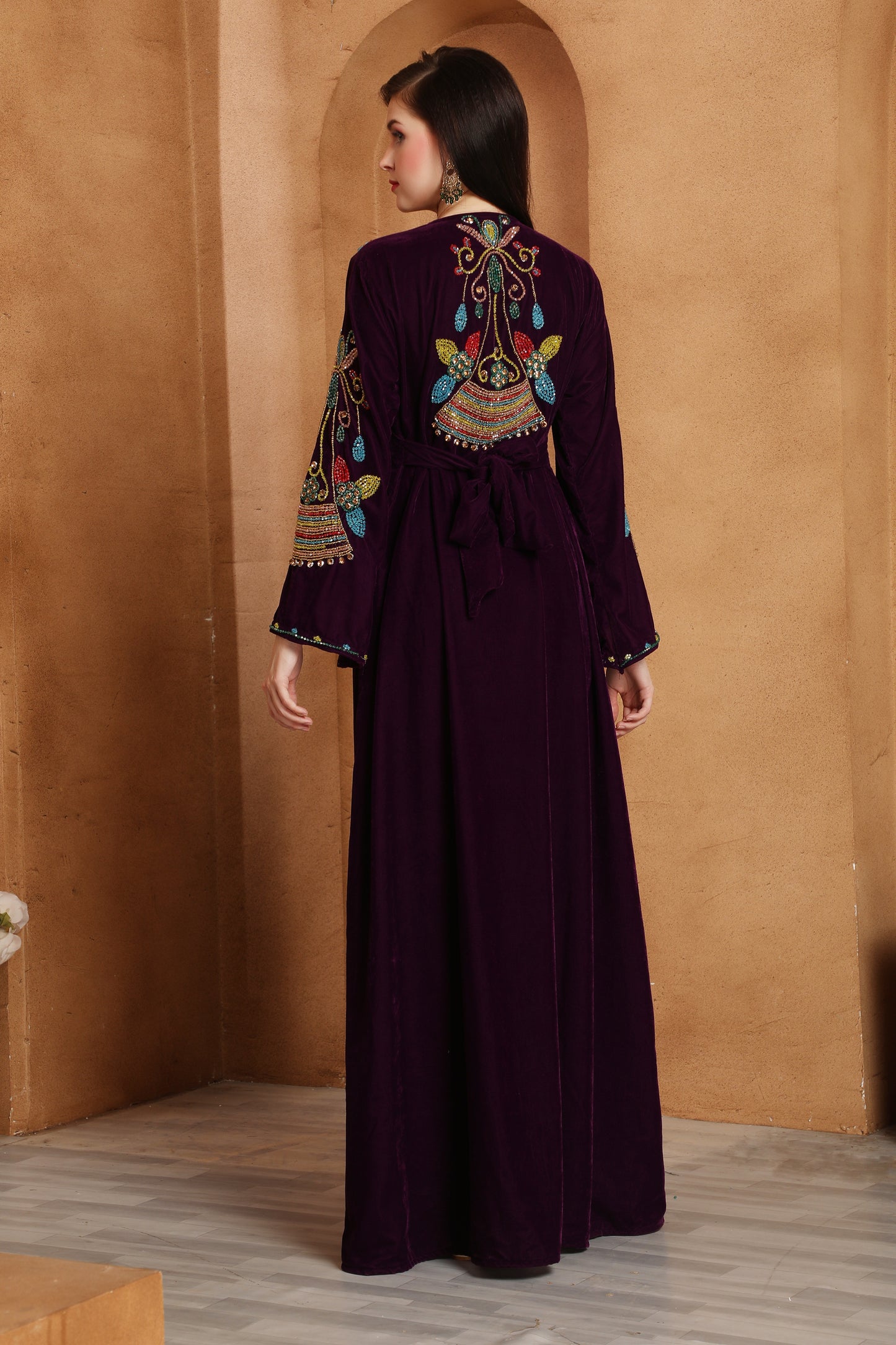 Premium Velvet Kaftan with Rich Ethnic Threadwork Neck Design