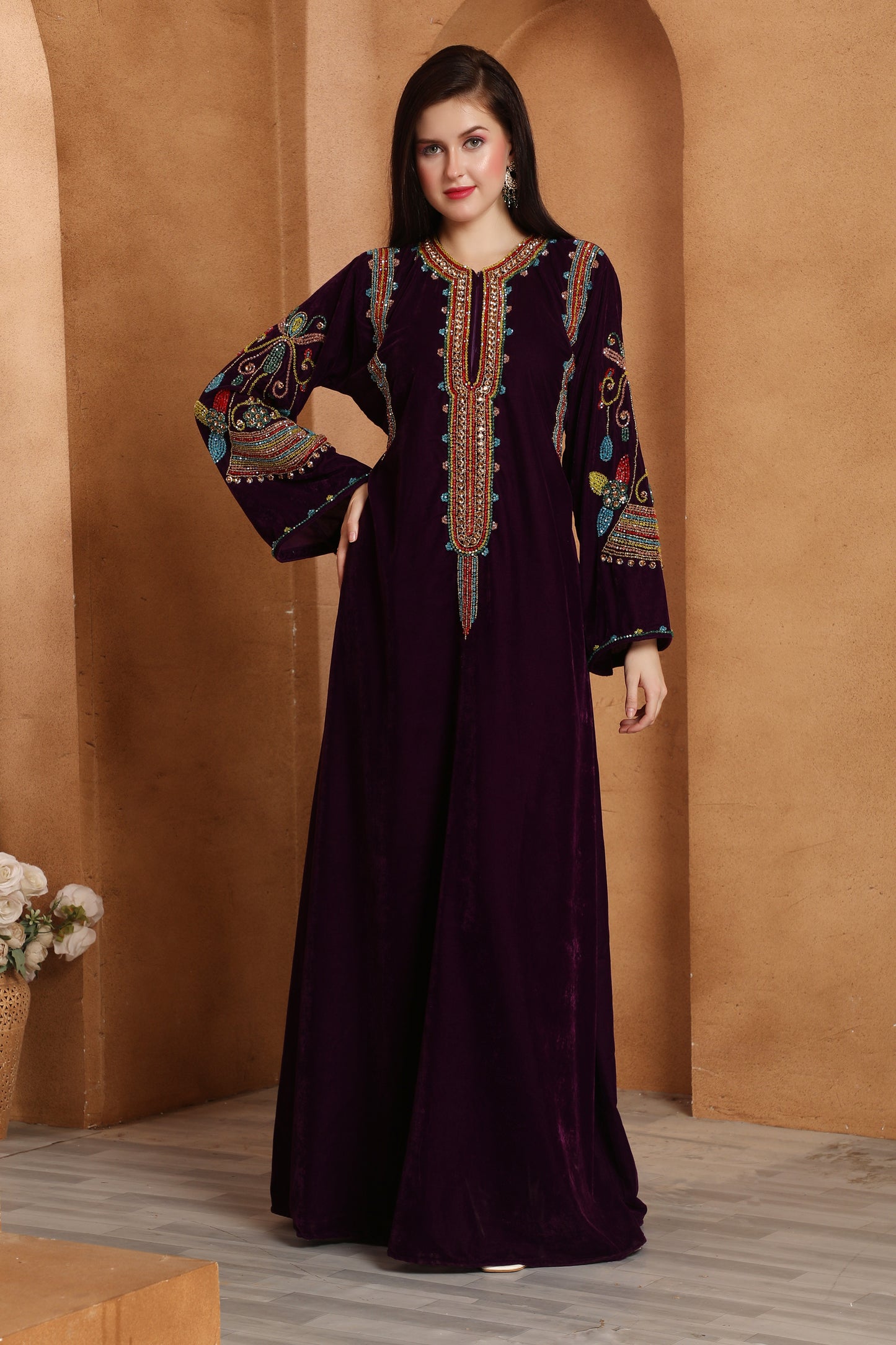 Premium Velvet Kaftan with Rich Ethnic Threadwork Neck Design