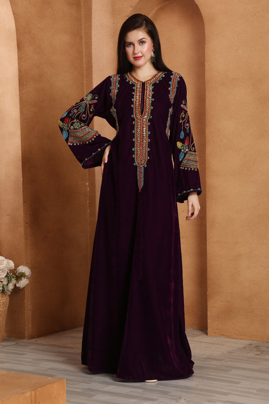 Premium Velvet Kaftan with Rich Ethnic Threadwork Neck Design