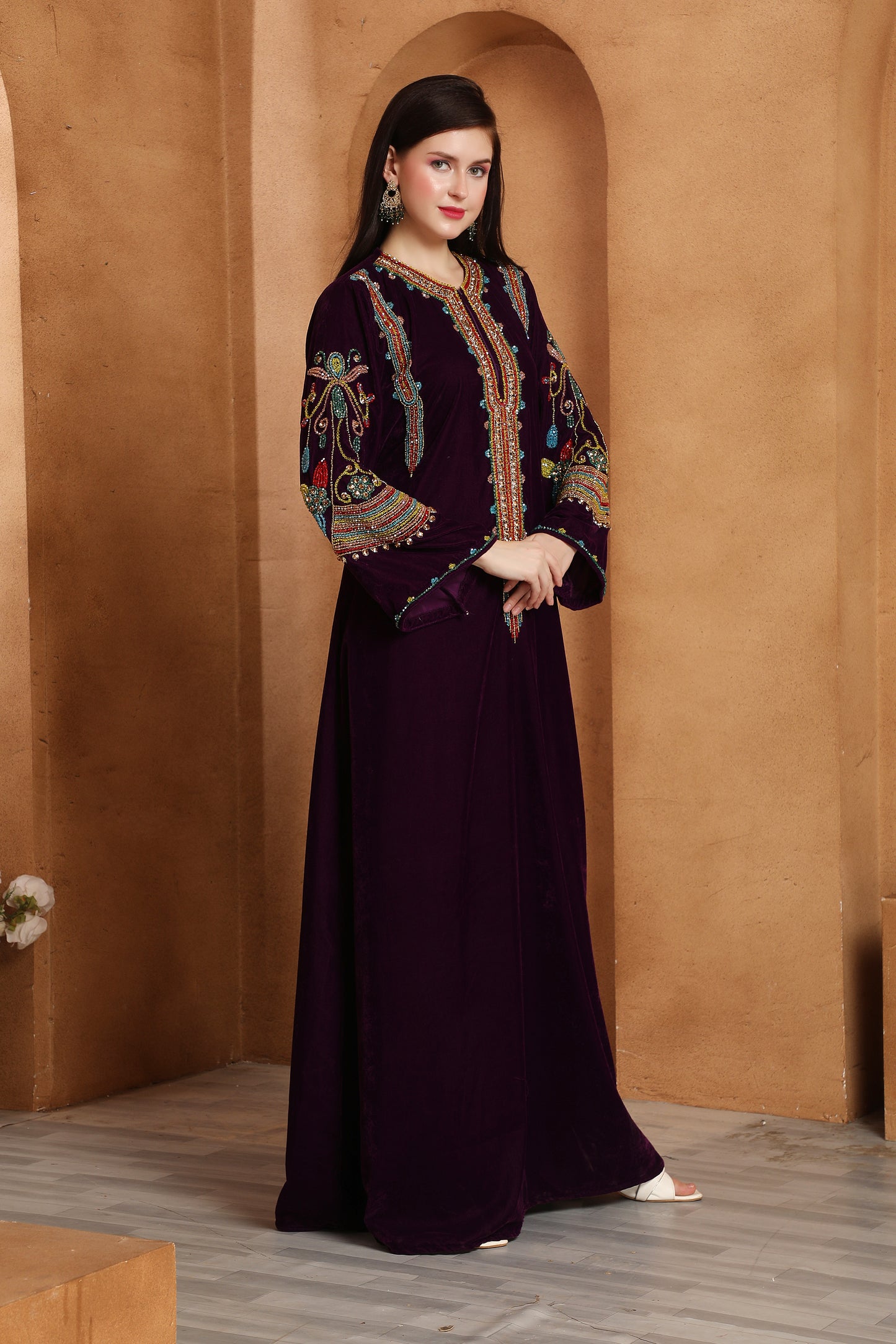 Premium Velvet Kaftan with Rich Ethnic Threadwork Neck Design