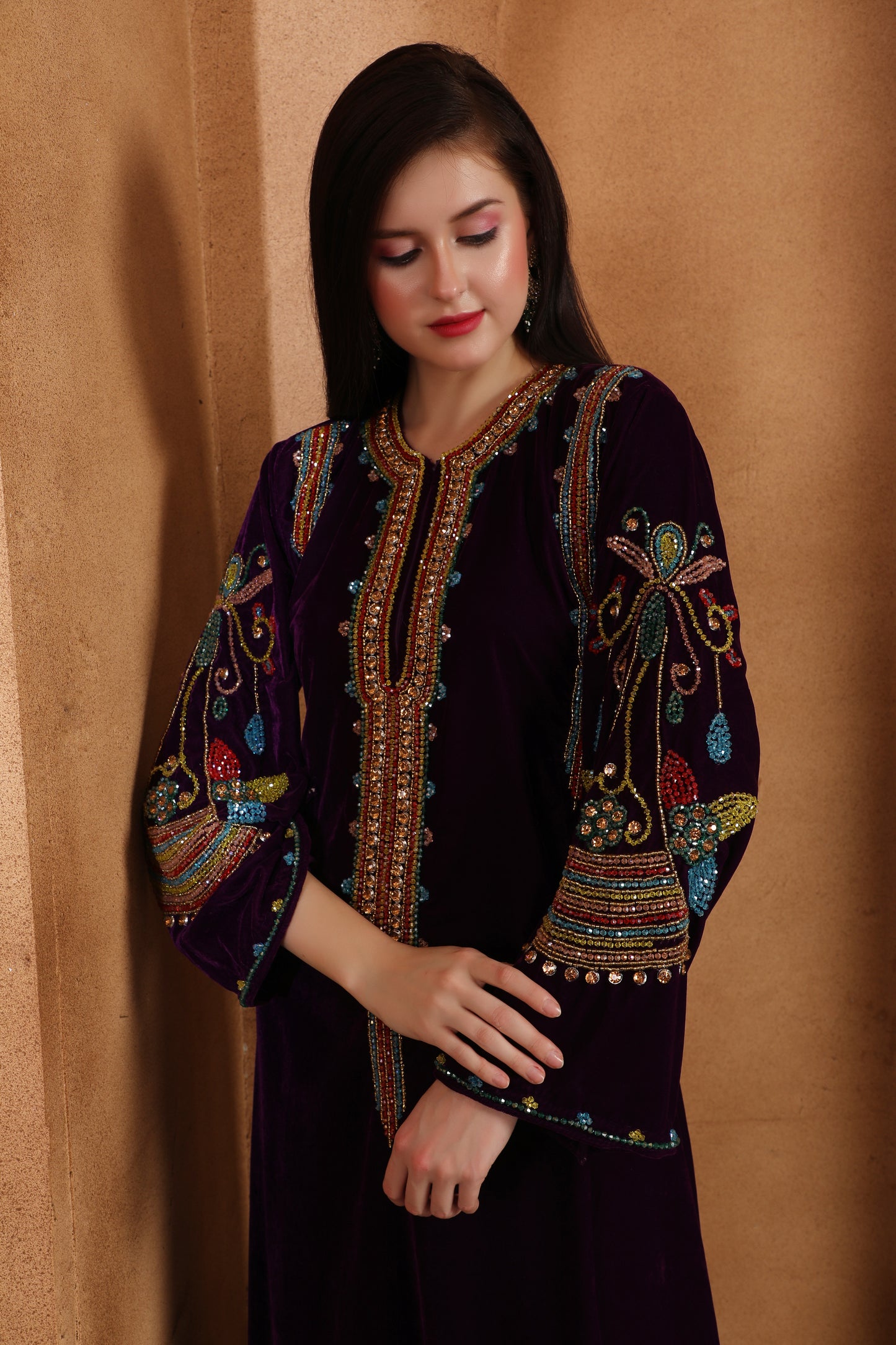 Premium Velvet Kaftan with Rich Ethnic Threadwork Neck Design