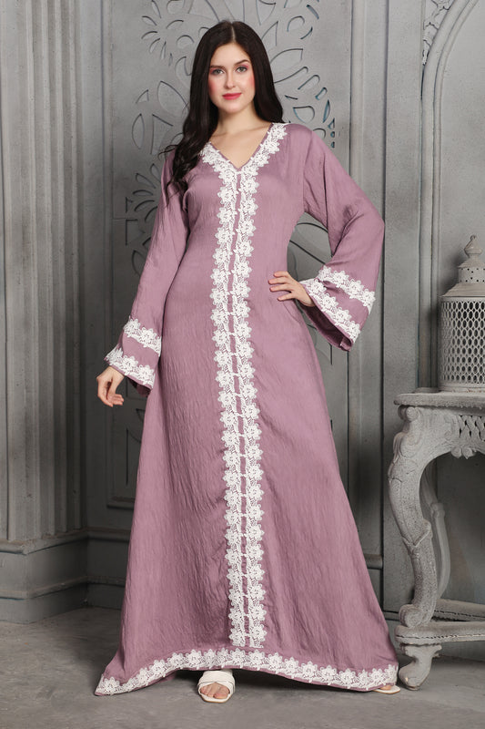 Mauve Lace Detailed Full Length Kaftan Gown