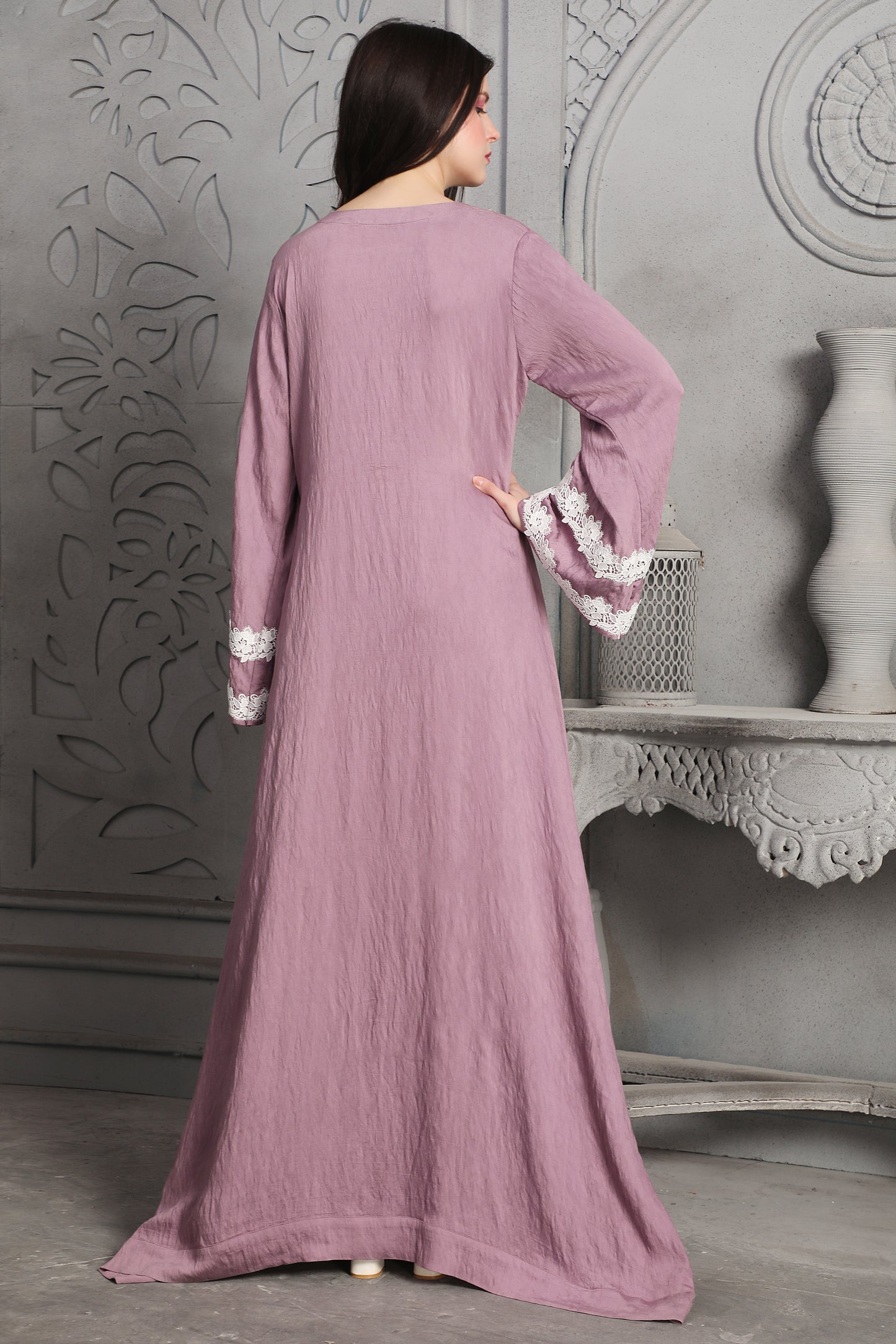 Mauve Lace Detailed Full Length Kaftan Gown