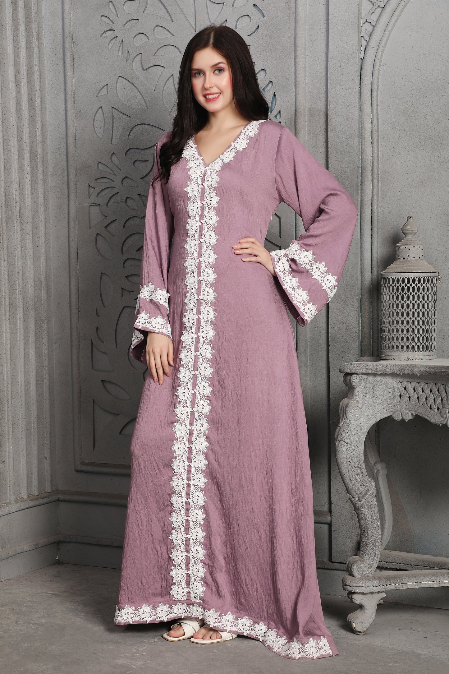 Mauve Lace Detailed Full Length Kaftan Gown